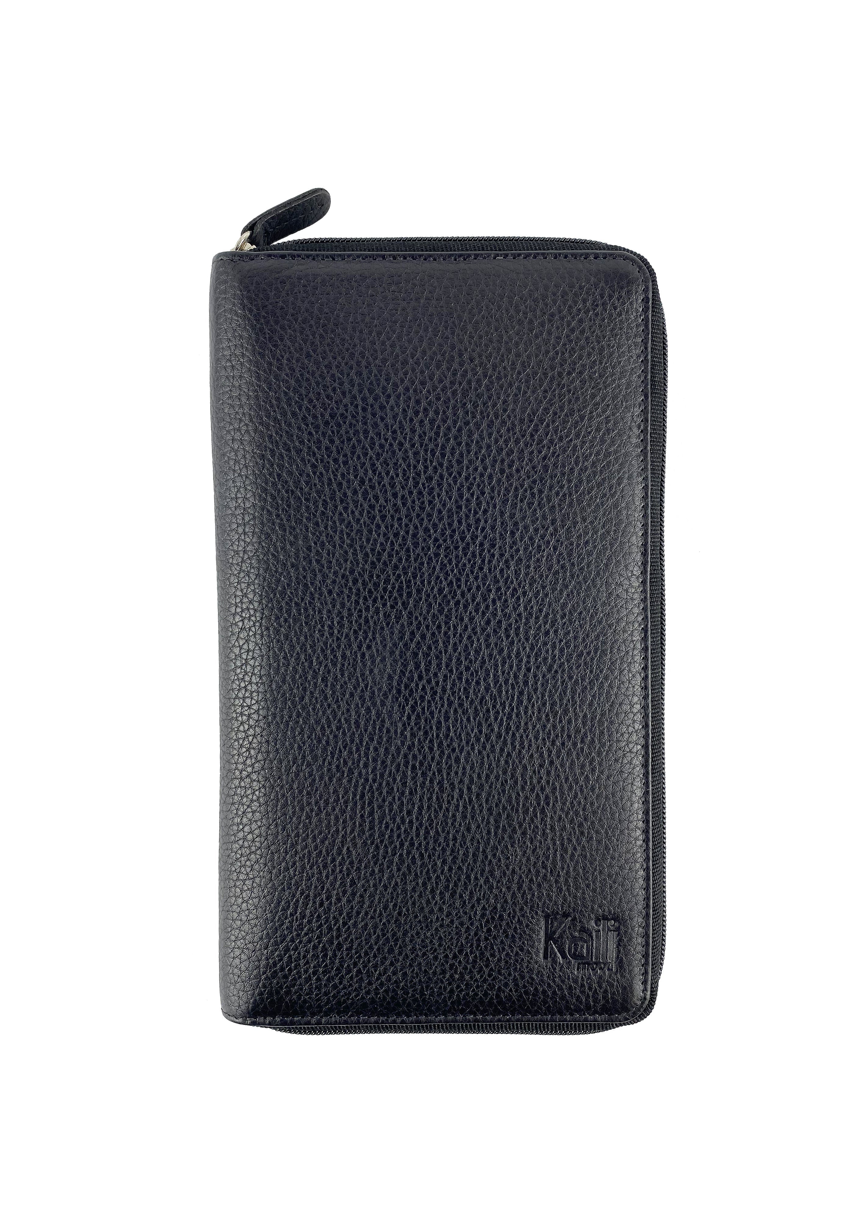 K0005AB | Genuine Full Grain Leather Travel Document Holder, Dollar Grain - Black Color - Size: 12.5 x 22 x 2 cm - Package: Tnt Bag