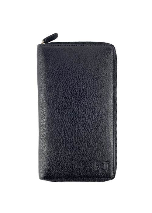 K0005AB | Genuine Full Grain Leather Travel Document Holder, Dollar Grain - Black Color - Size: 12.5 x 22 x 2 cm - Package: Tnt Bag