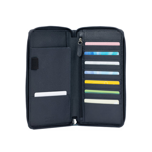 K0005DB | Genuine Full Grain Leather Travel Document Holder, Dollar Grain - Blue Color - Size: 12.5 x 22 x 2 cm - Package: Tnt Bag