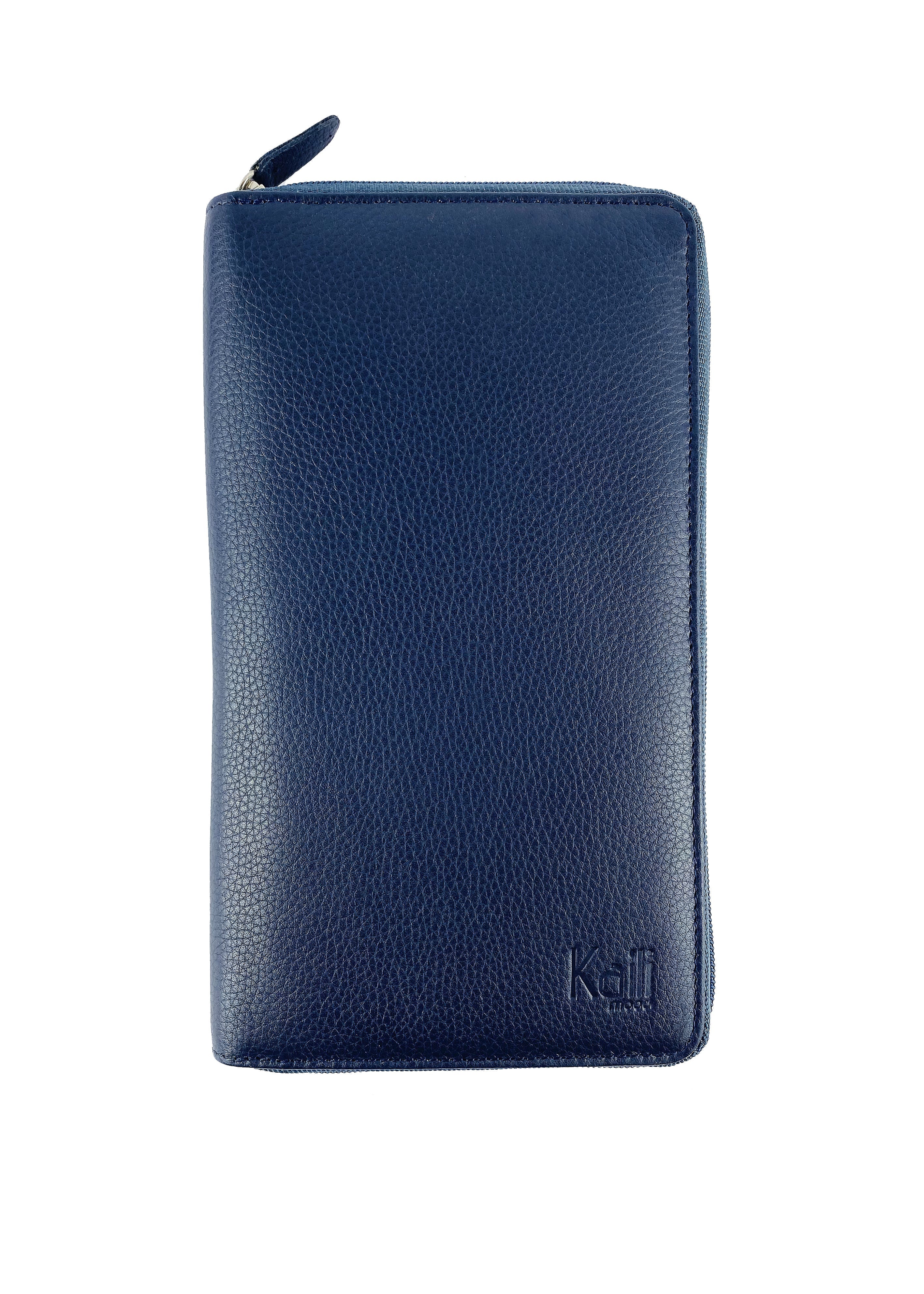 K0005DB | Genuine Full Grain Leather Travel Document Holder, Dollar Grain - Blue Color - Size: 12.5 x 22 x 2 cm - Package: Tnt Bag