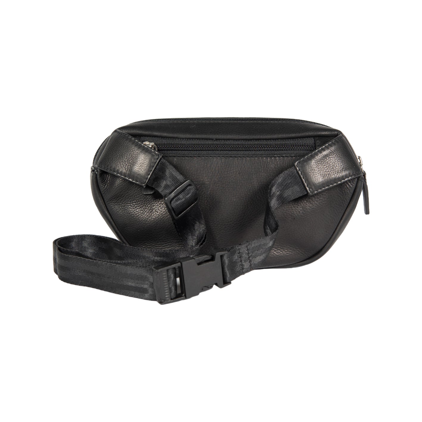 K0012AB | Genuine full-grain leather fanny pack, with light grain. 4 zippered pockets. Polished Nickel hardware. Black color. Size: 25 x 13 x 5.5 cm.Package: Tnt bag