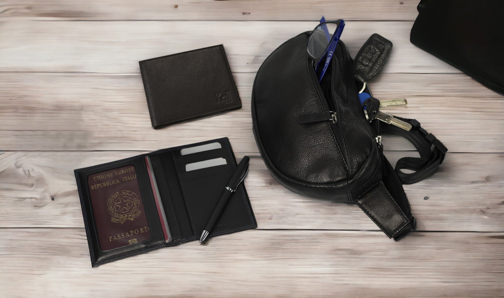 K0012AB | Genuine full-grain leather fanny pack, with light grain. 4 zippered pockets. Polished Nickel hardware. Black color. Size: 25 x 13 x 5.5 cm.Package: Tnt bag