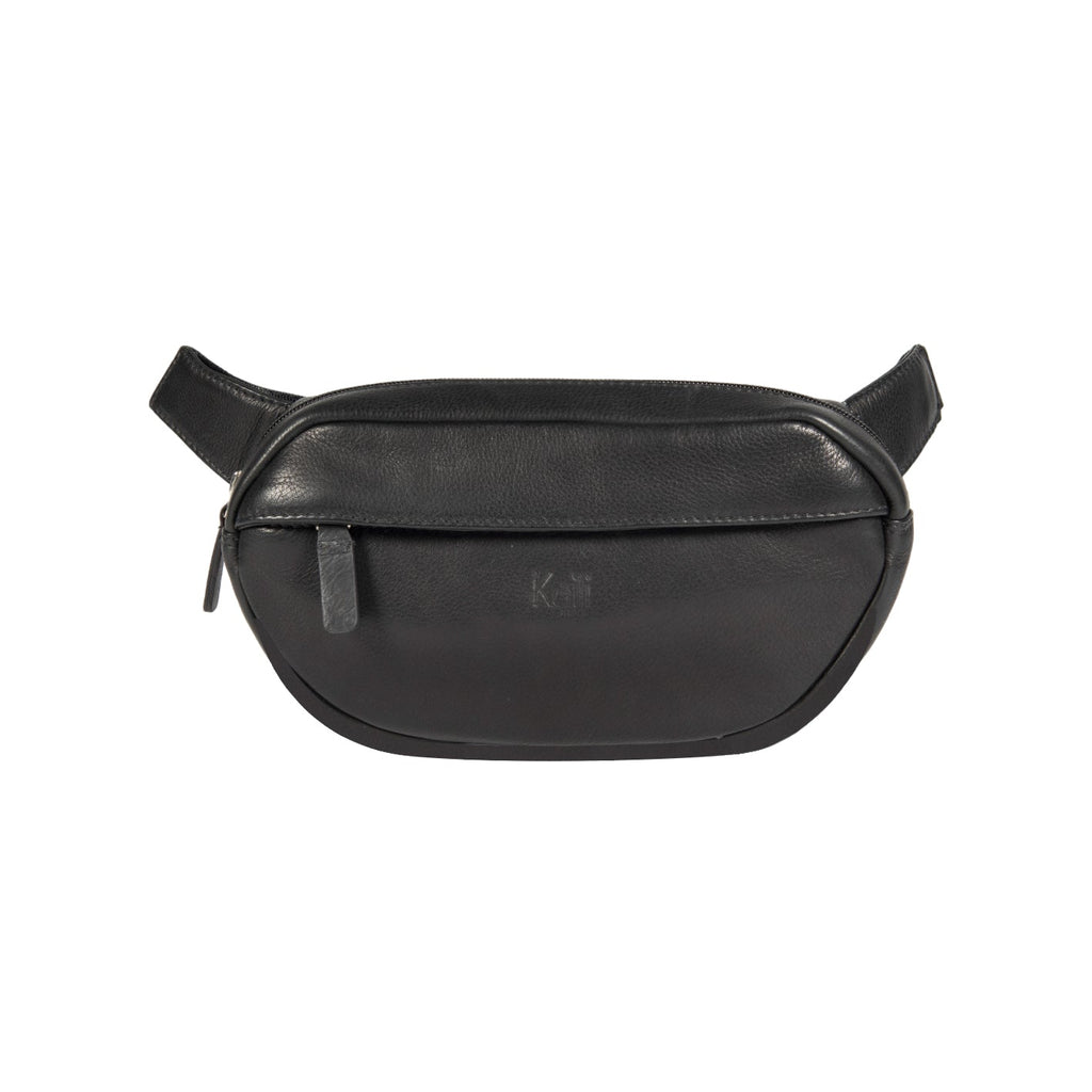 K0012AB | Genuine full-grain leather fanny pack, with light grain. 4 zippered pockets. Polished Nickel hardware. Black color. Size: 25 x 13 x 5.5 cm.Package: Tnt bag