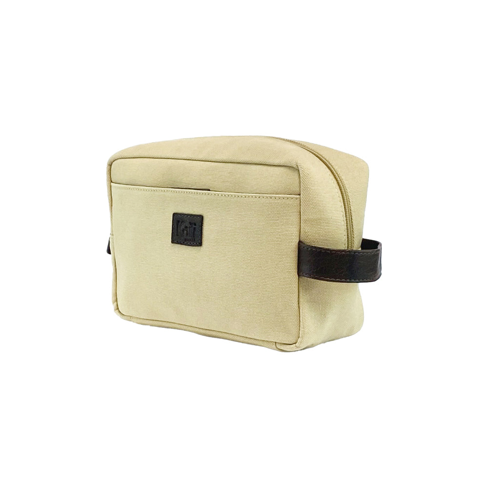 K0014GB | Canvas/Vera full-grain leather beauty case, foxed. Rope/Brown head color. Side handle. Zipper closure. Dimensions: 24 x 15 x 9 cm. Packaging: Tnt bag.