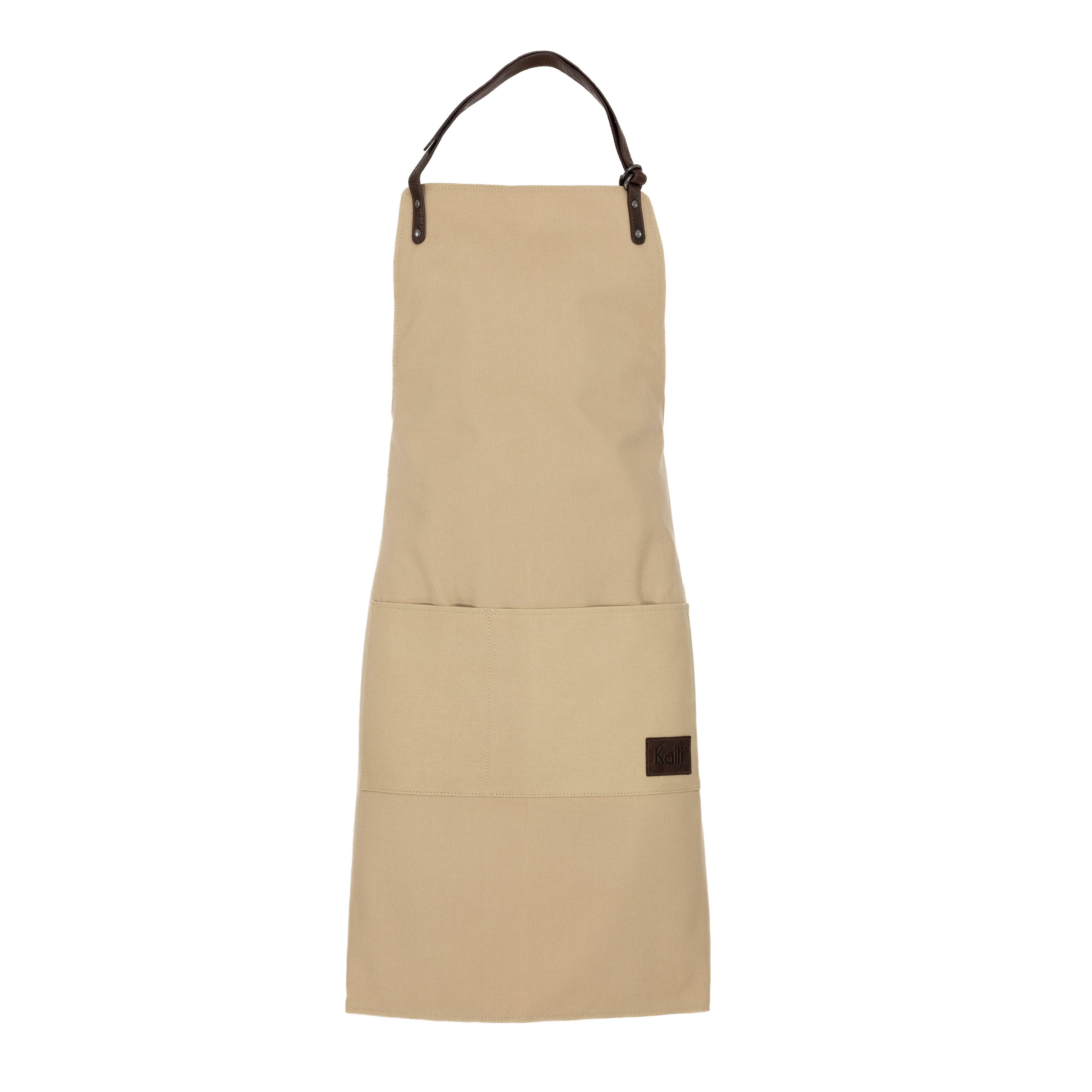 K0015GB | Canvas/ Genuine full-grain leather, ruffled Work Apron. Rope/Brownhead color. Nickel Antique Accessories. Dimensions: 70 x 90 x 0.5 cm. Packaging: Polybag