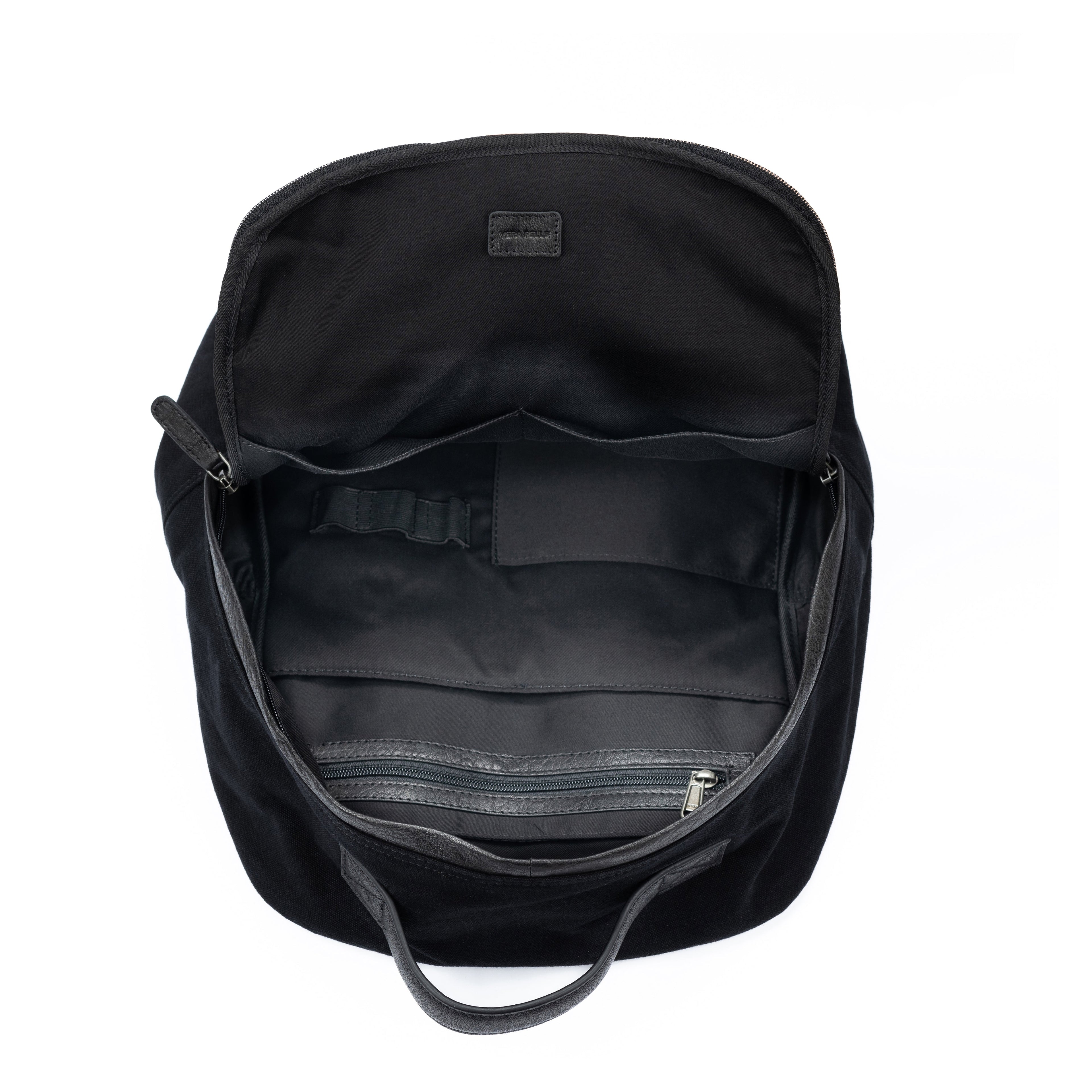 K0023AB | Canvas/Vera Leather Notebook Backpack, full grain, flyaway - Black Color. Nickel Antique accessories, Zipper closure. Dimensions: 29 x 40 x15 cm. Packaging: Tnt bag