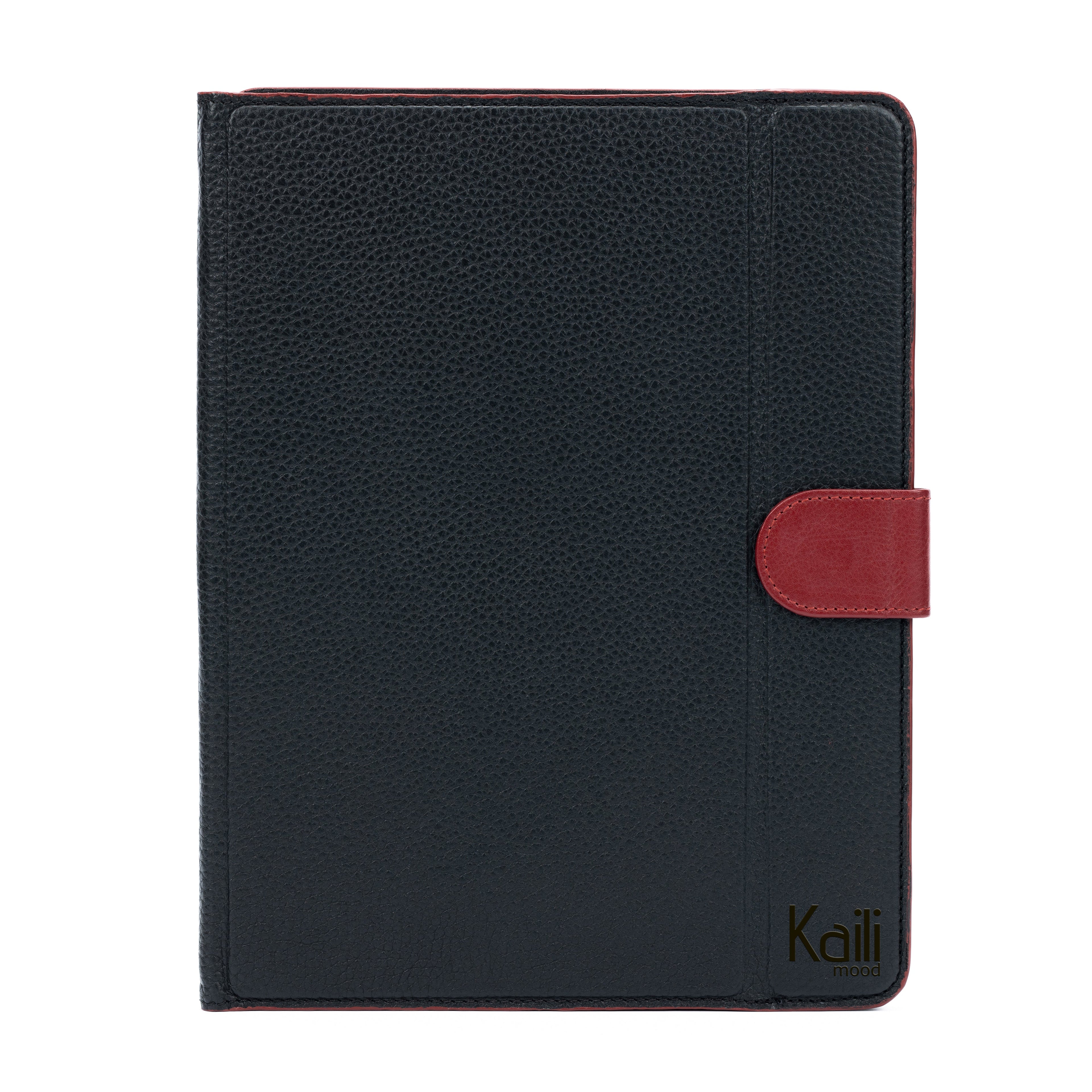 K0033AB | Tablet case Genuine leather, full grain, dollar grain. Col.Black with Red edges. Contrasting tab closure. Dimensions: cm 19.5 x 25.2 x 1. Packaging: Tnt bag