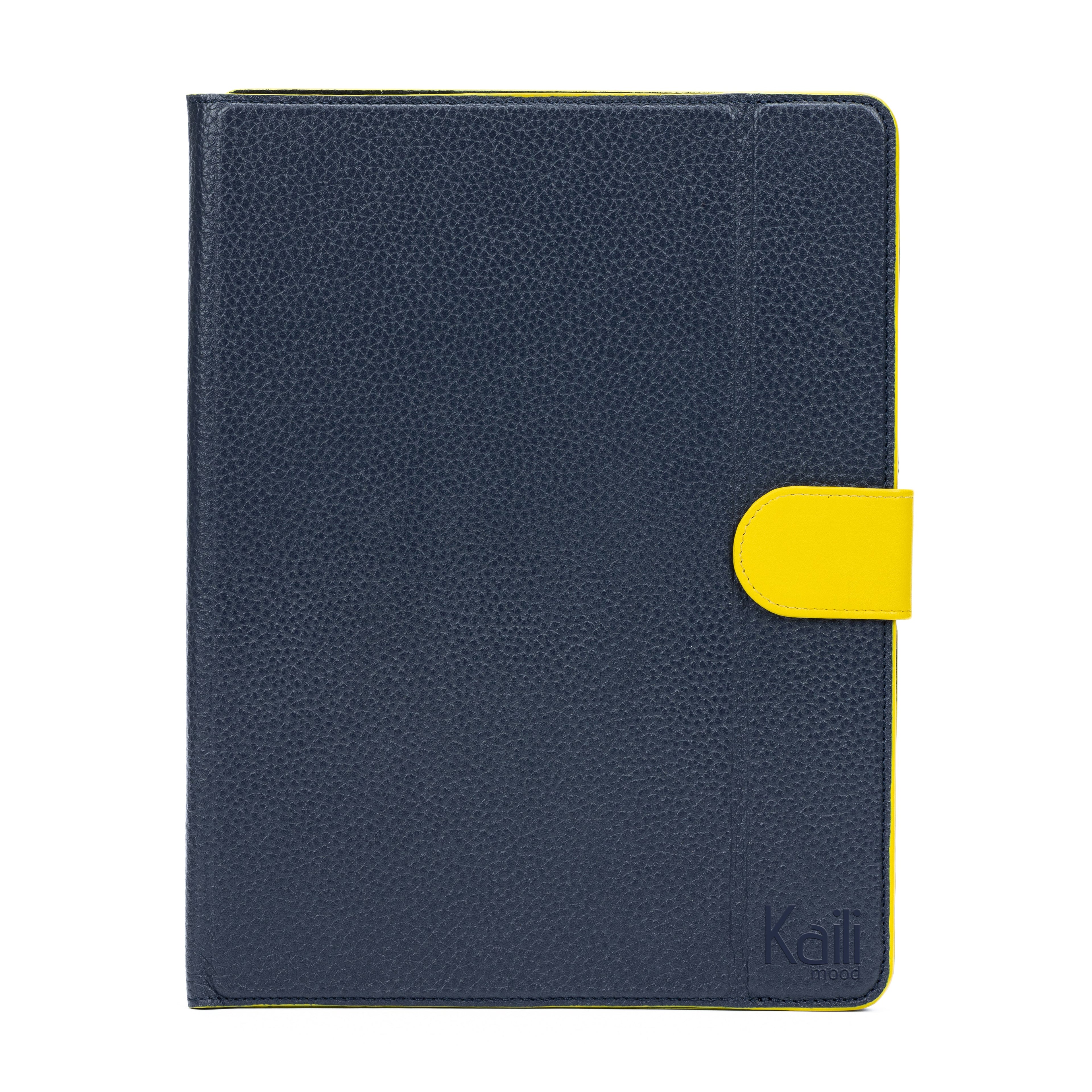 K0033DB | Tablet case Genuine leather, full grain, dollar grain. Col.Blue with Yellow edges. Contrasting tab closure. Dimensions: cm 19.5 x 25.2 x 1. Packaging: Tnt bag