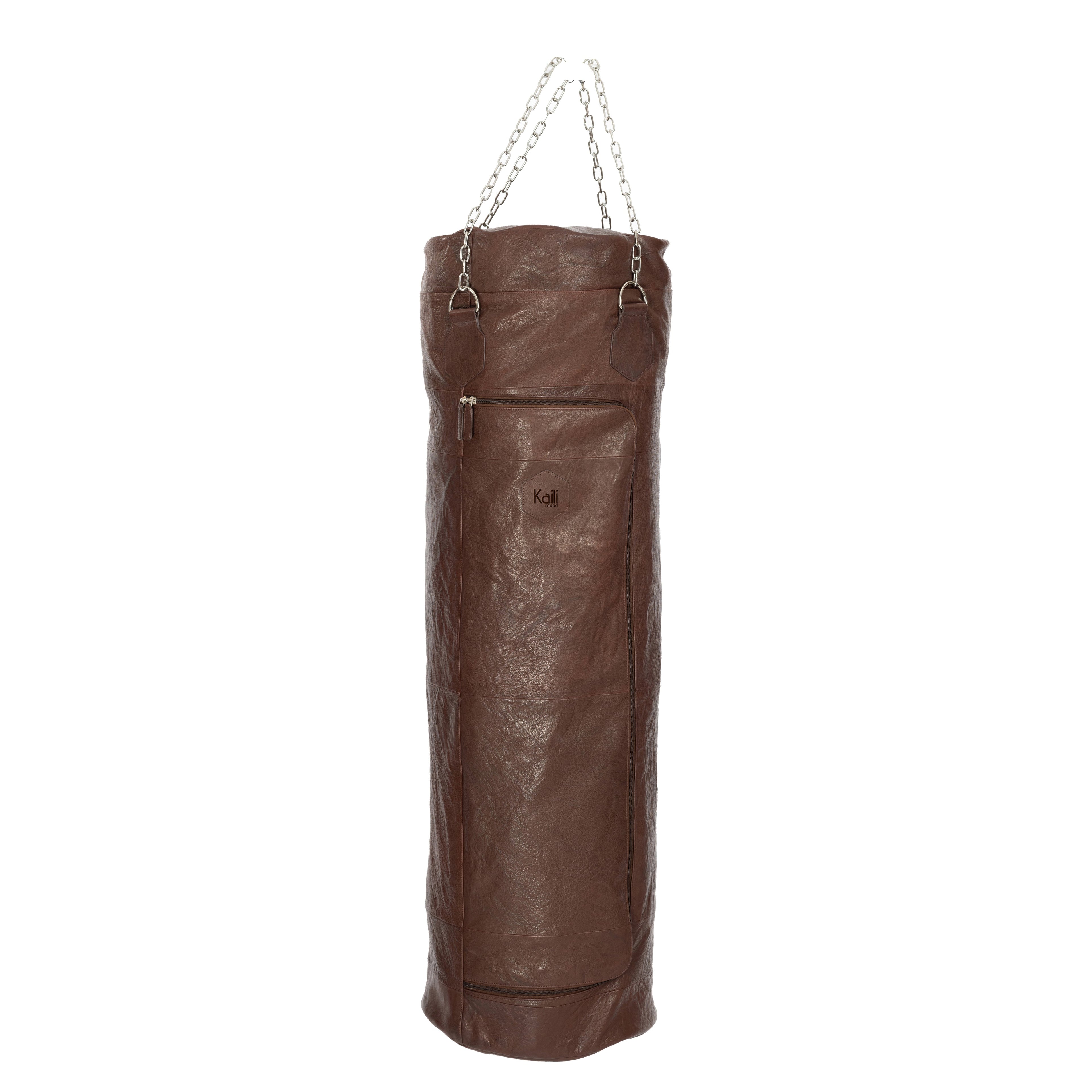 K0036BB | Boxing Bag Container made of Genuine Leather, full grain, ruffled - Dark Head Color - Polished Nickel Accessories. Dimensions: 35 x 35 x 120 cm - Packaging: Tnt bag