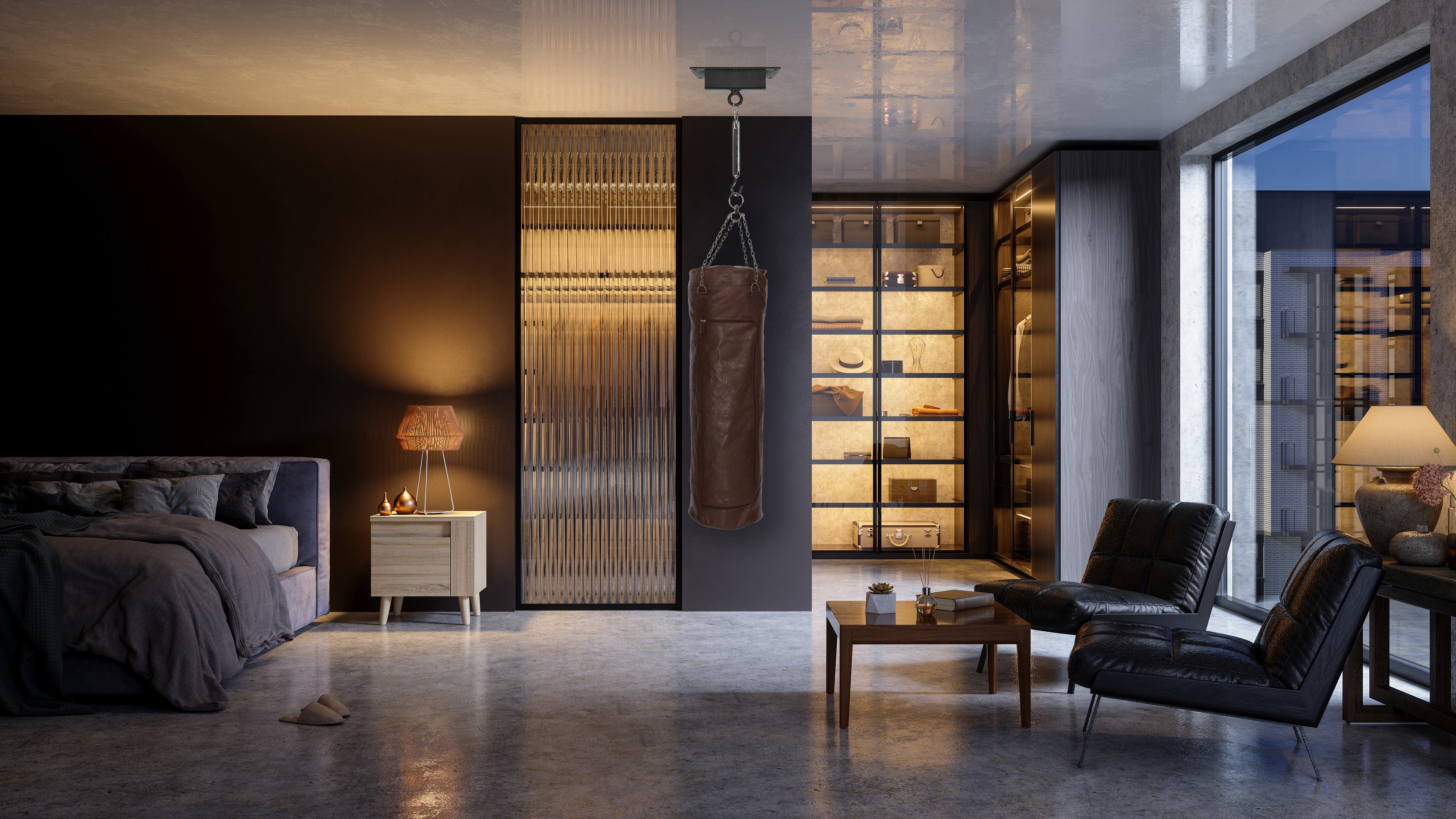 K0036BB | Boxing Bag Container made of Genuine Leather, full grain, ruffled - Dark Head Color - Polished Nickel Accessories. Dimensions: 35 x 35 x 120 cm - Packaging: Tnt bag