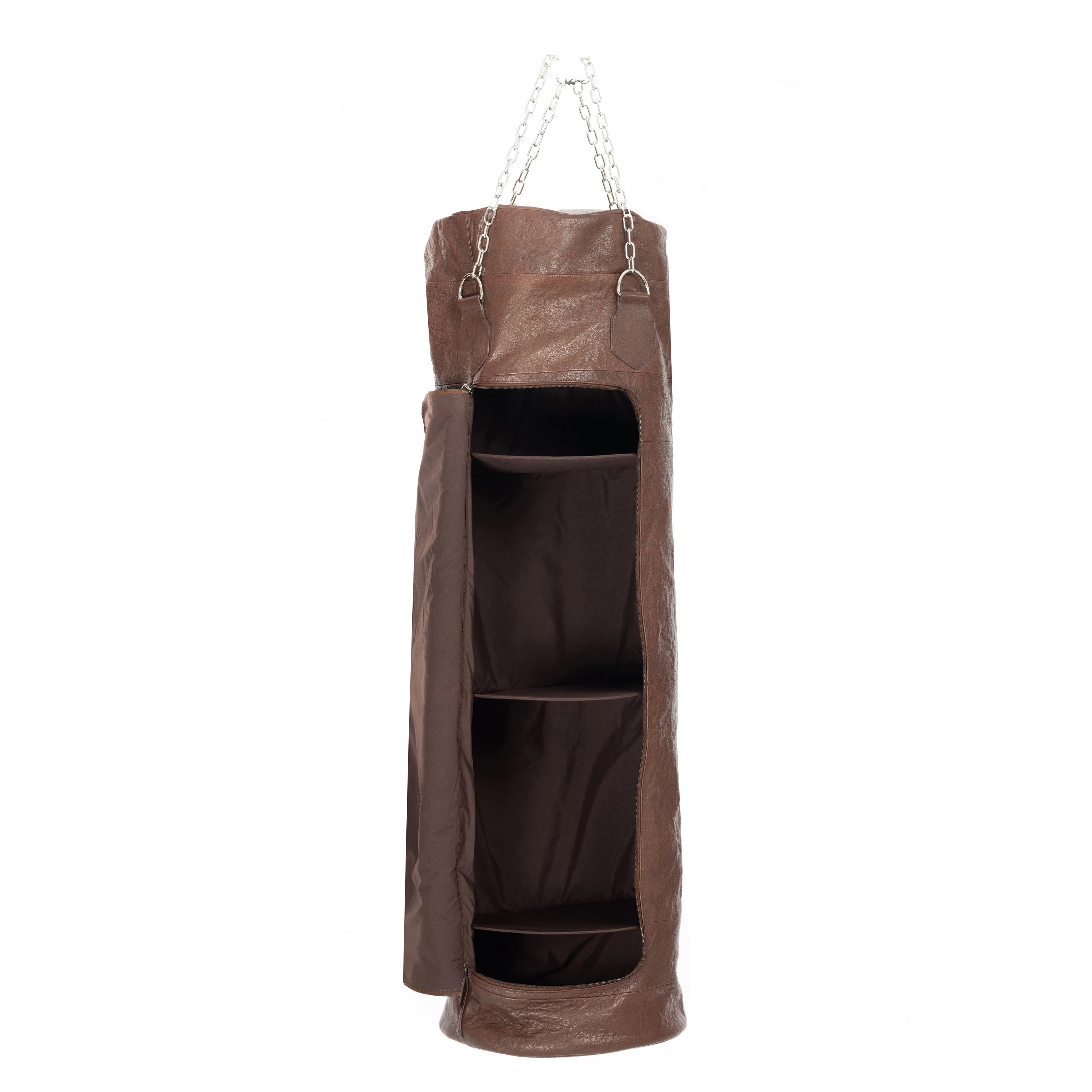 K0036BB | Boxing Bag Container made of Genuine Leather, full grain, ruffled - Dark Head Color - Polished Nickel Accessories. Dimensions: 35 x 35 x 120 cm - Packaging: Tnt bag