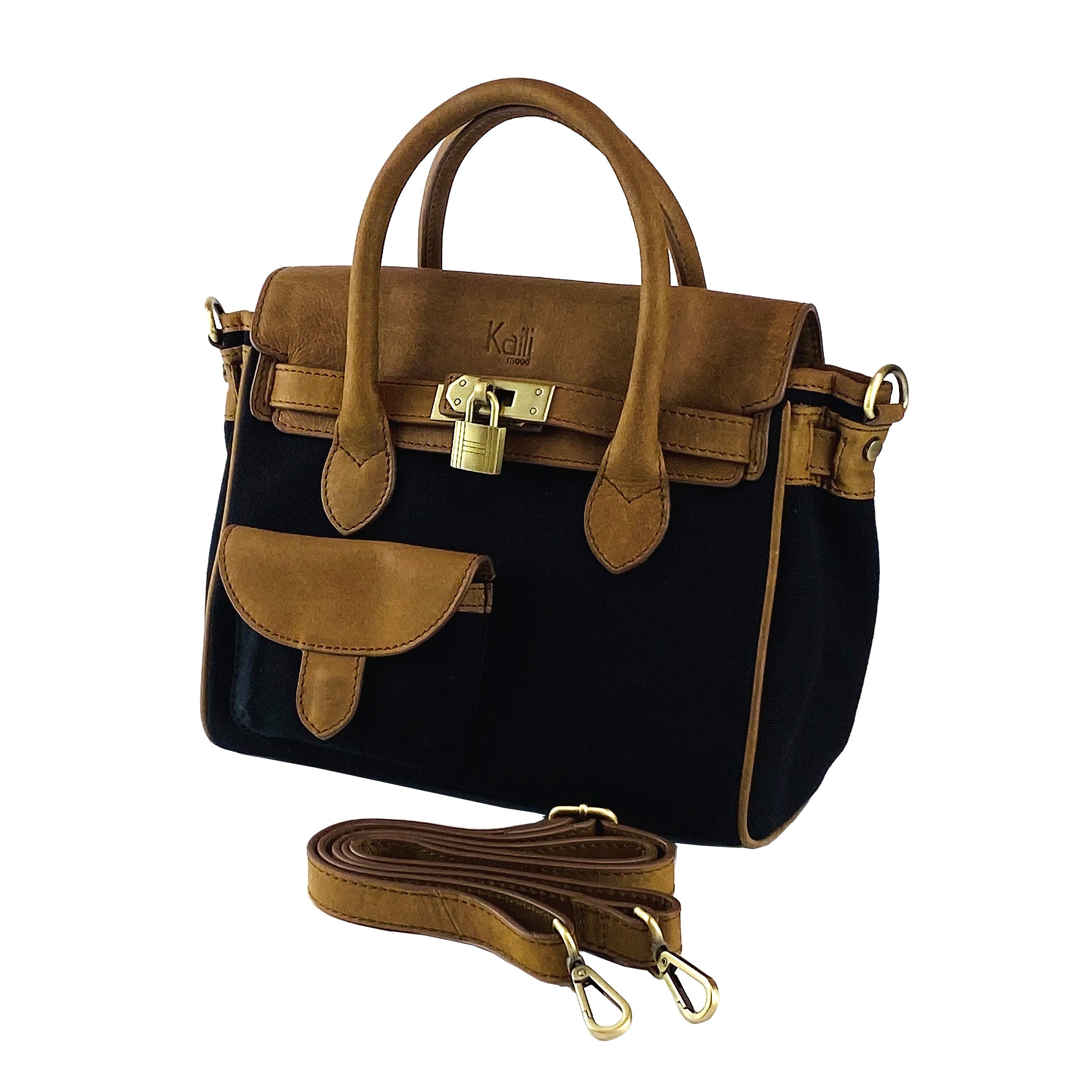 K0042ACB | Canvas/Vera Leather Mini Hand Bag Made in Italy. Removable shoulder strap. Antique Brass metal snap hook attachments - Black color - Dimensions: 24 x 20 x 12 cm.