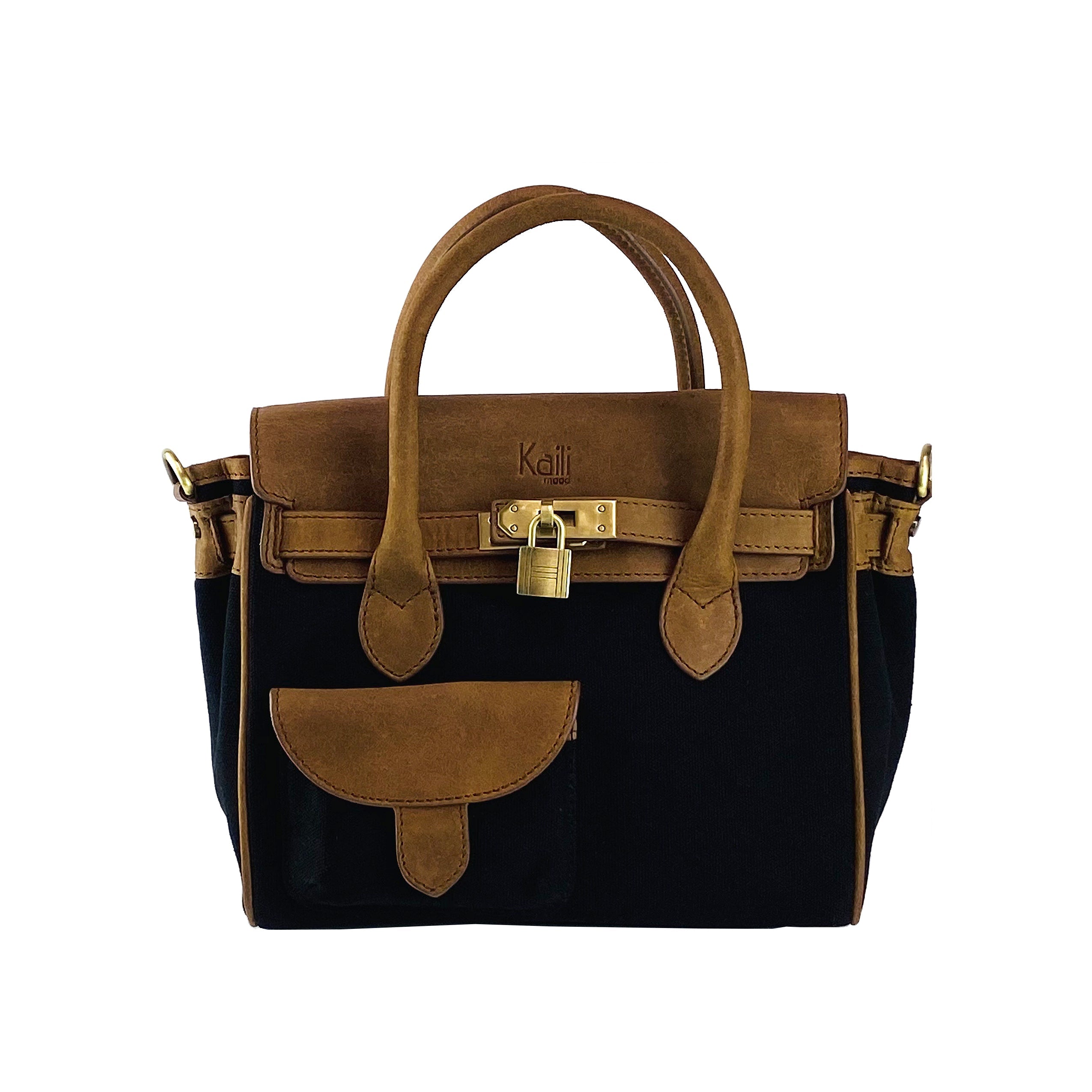 K0042ACB | Canvas/Vera Leather Mini Hand Bag Made in Italy. Removable shoulder strap. Antique Brass metal snap hook attachments - Black color - Dimensions: 24 x 20 x 12 cm.