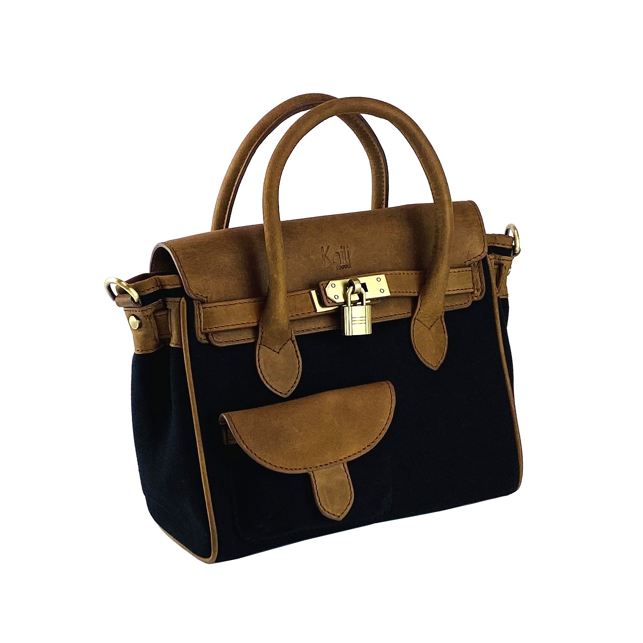 K0042ACB | Canvas/Vera Leather Mini Hand Bag Made in Italy. Removable shoulder strap. Antique Brass metal snap hook attachments - Black color - Dimensions: 24 x 20 x 12 cm.