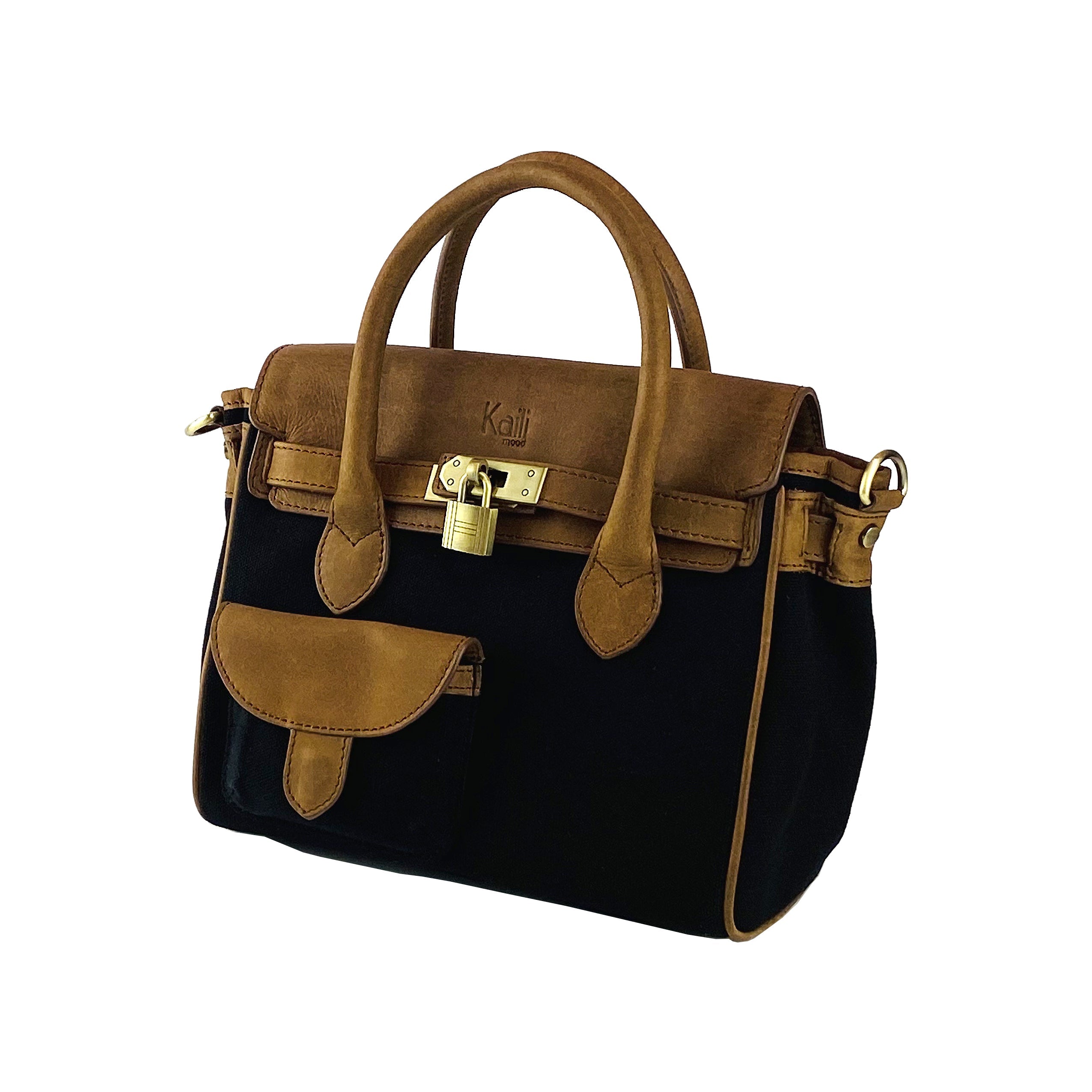 K0042ACB | Canvas/Vera Leather Mini Hand Bag Made in Italy. Removable shoulder strap. Antique Brass metal snap hook attachments - Black color - Dimensions: 24 x 20 x 12 cm.
