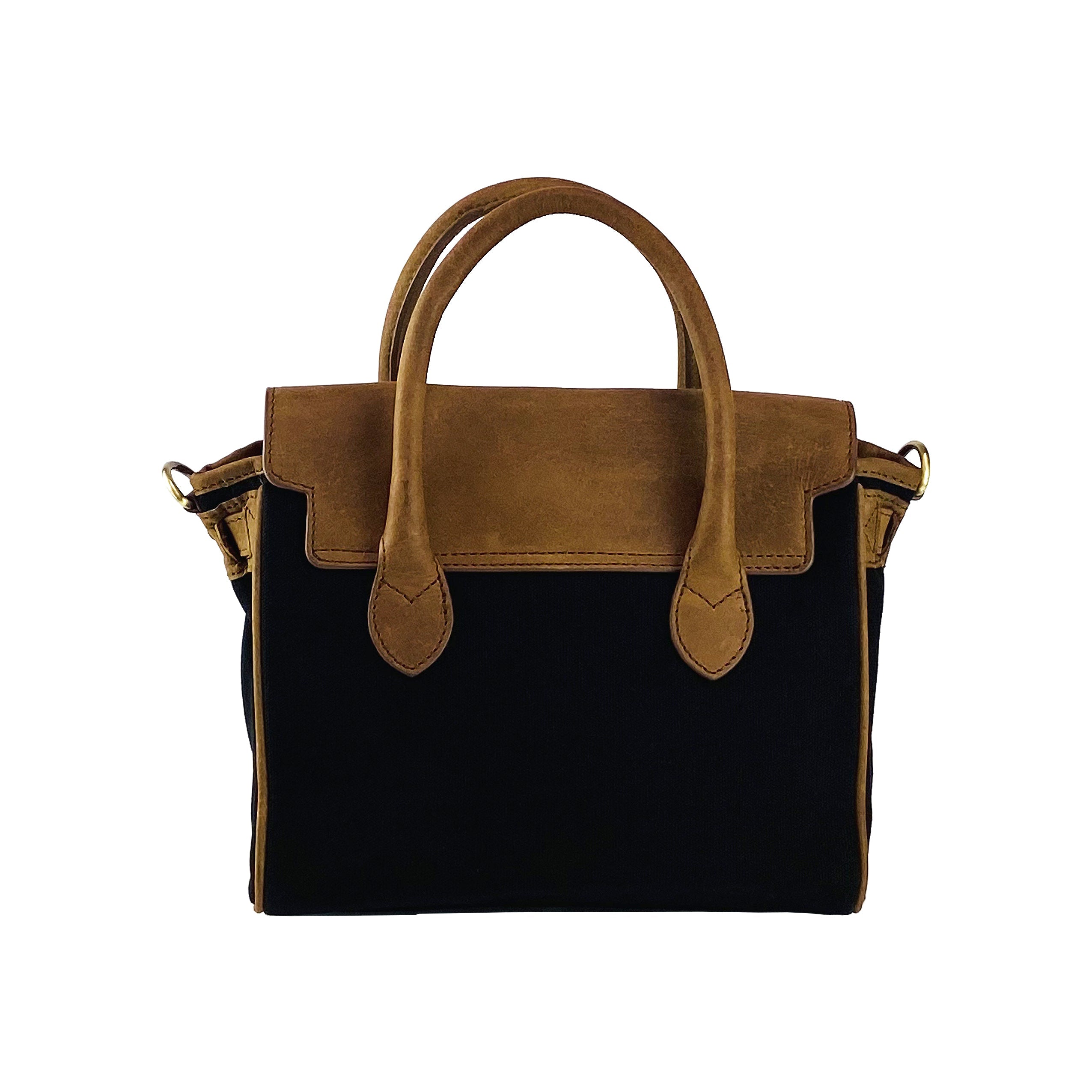 K0042ACB | Canvas/Vera Leather Mini Hand Bag Made in Italy. Removable shoulder strap. Antique Brass metal snap hook attachments - Black color - Dimensions: 24 x 20 x 12 cm.