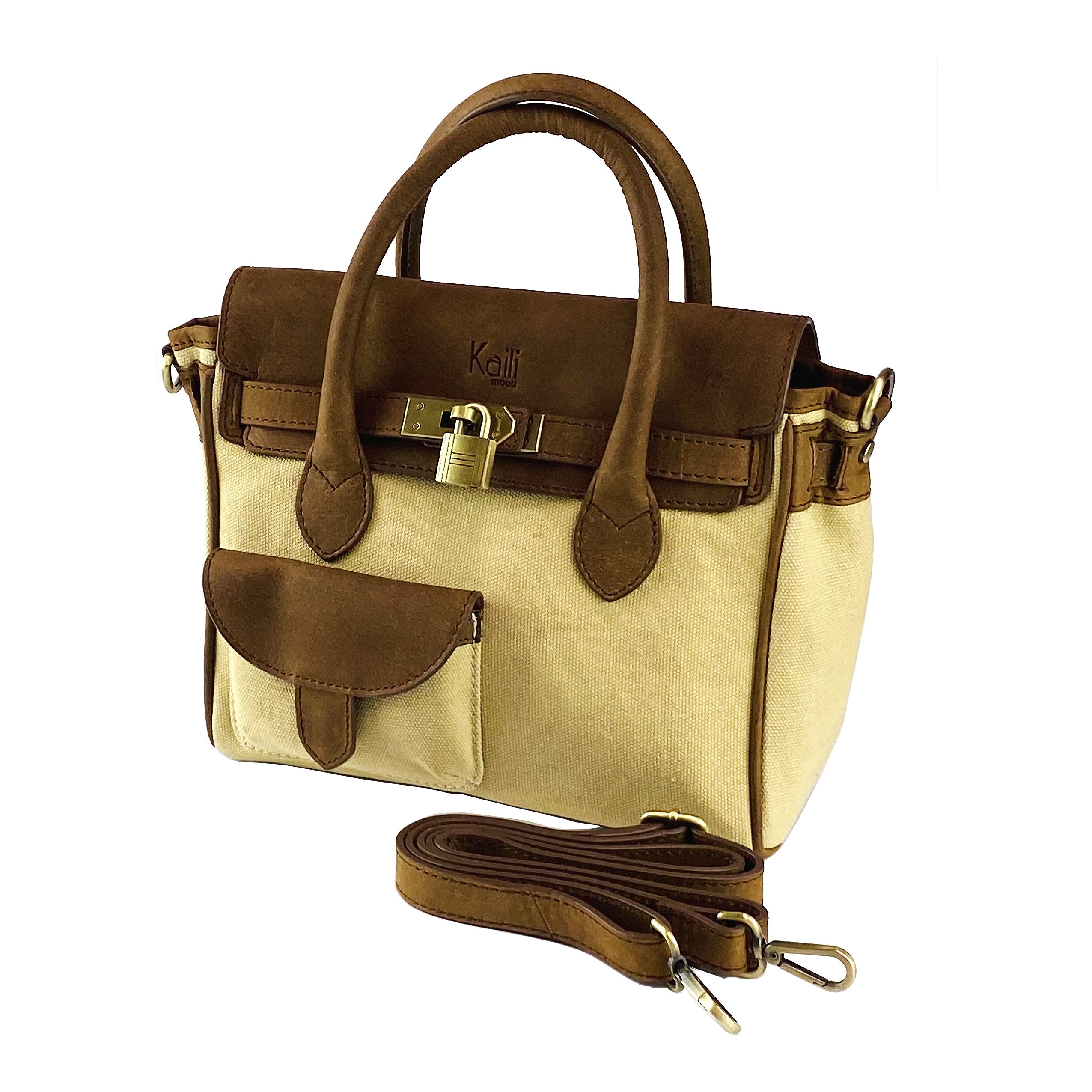 K0042ALCB | Canvas/Vera Leather Mini Hand Bag Made in Italy. Removable shoulder strap. Antique Brass metal snap hook attachments - Rope color - Dimensions: 24 x 20 x 12 cm.