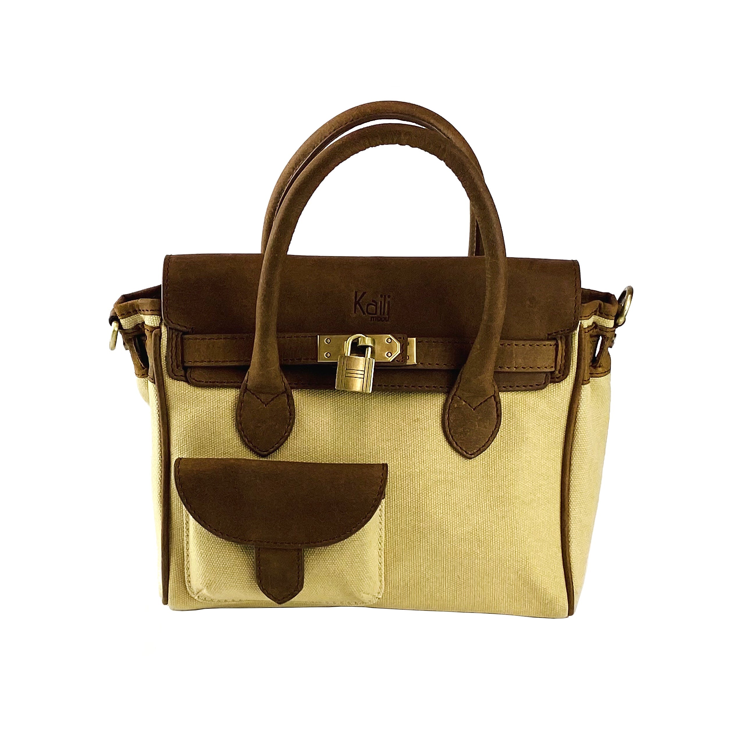 K0042ALCB | Canvas/Vera Leather Mini Hand Bag Made in Italy. Removable shoulder strap. Antique Brass metal snap hook attachments - Rope color - Dimensions: 24 x 20 x 12 cm.