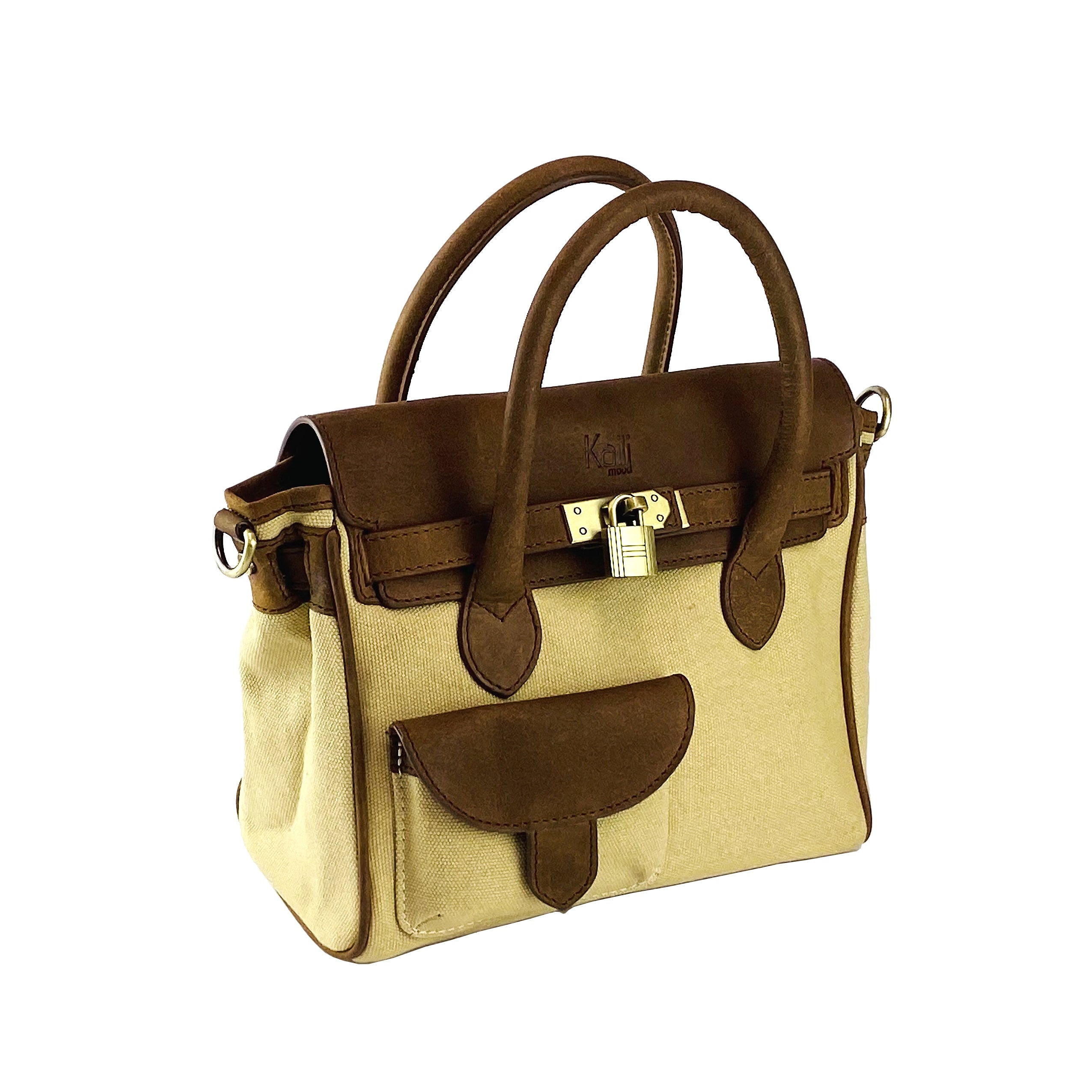 K0042ALCB | Canvas/Vera Leather Mini Hand Bag Made in Italy. Removable shoulder strap. Antique Brass metal snap hook attachments - Rope color - Dimensions: 24 x 20 x 12 cm.