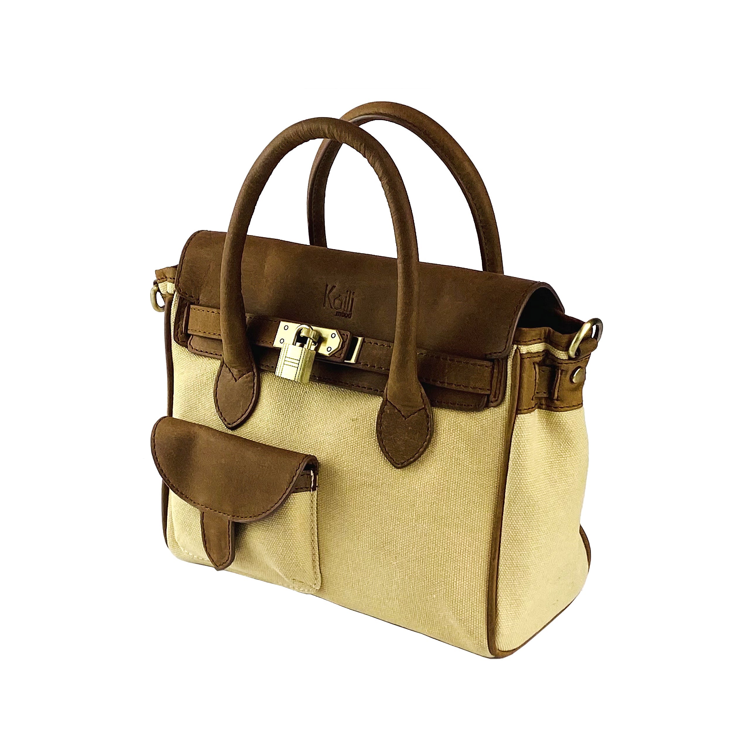 K0042ALCB | Canvas/Vera Leather Mini Hand Bag Made in Italy. Removable shoulder strap. Antique Brass metal snap hook attachments - Rope color - Dimensions: 24 x 20 x 12 cm.