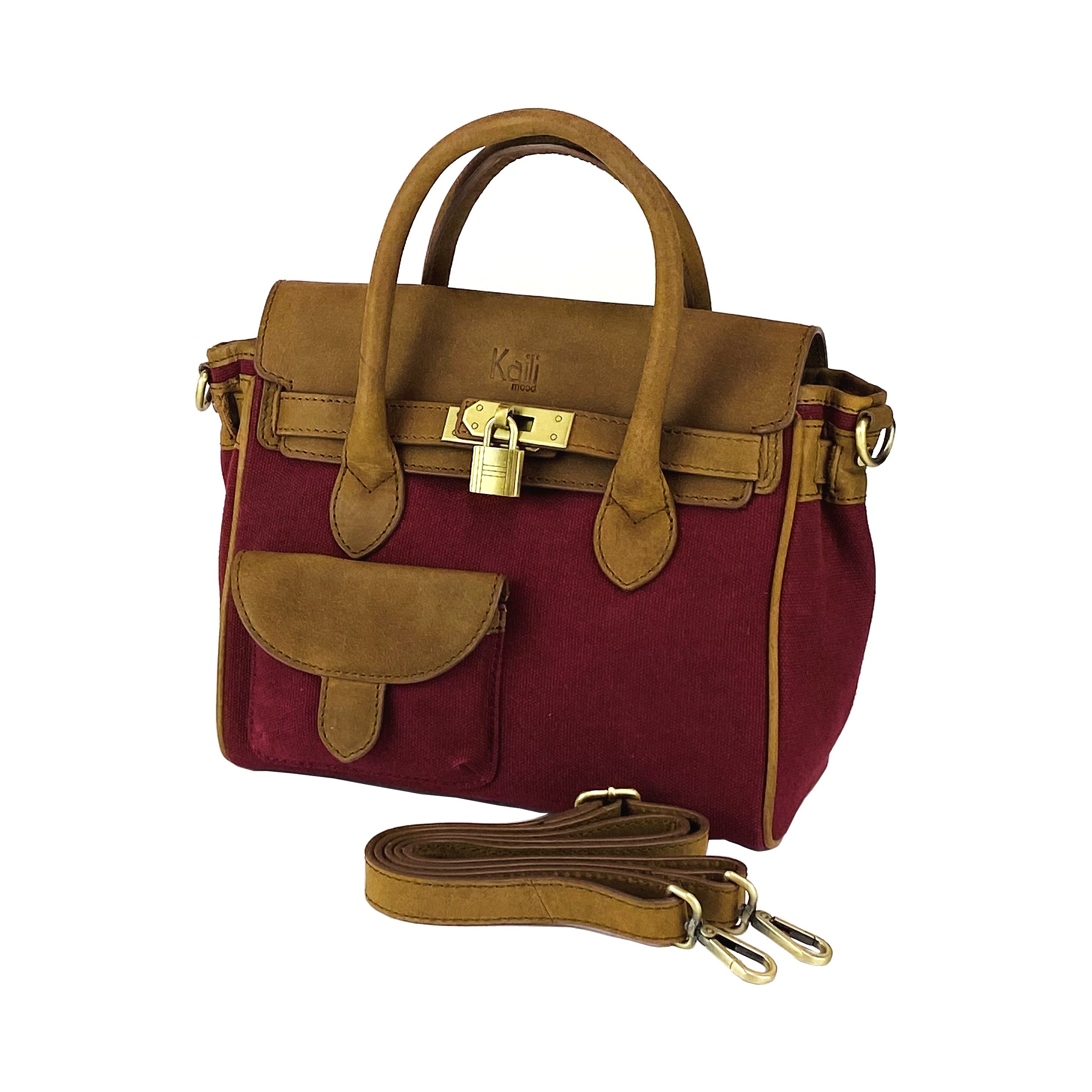 K0042XCB | Canvas/Vera Leather Mini Hand Bag Made in Italy. Removable shoulder strap. Antique Brass metal snap hook attachments - Bordeaux color - Dimensions: 24 x 20 x 12 cm.