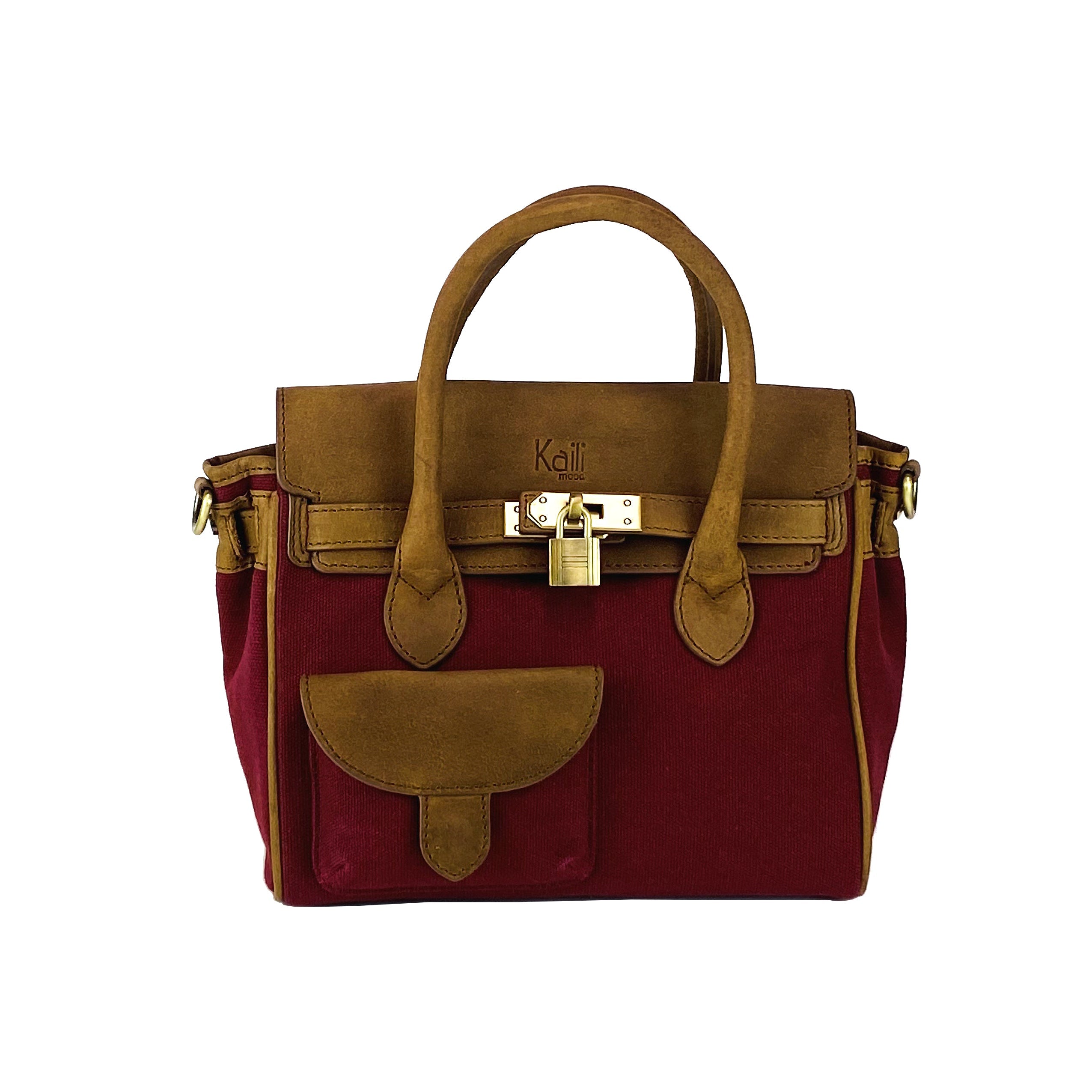 K0042XCB | Canvas/Vera Leather Mini Hand Bag Made in Italy. Removable shoulder strap. Antique Brass metal snap hook attachments - Bordeaux color - Dimensions: 24 x 20 x 12 cm.