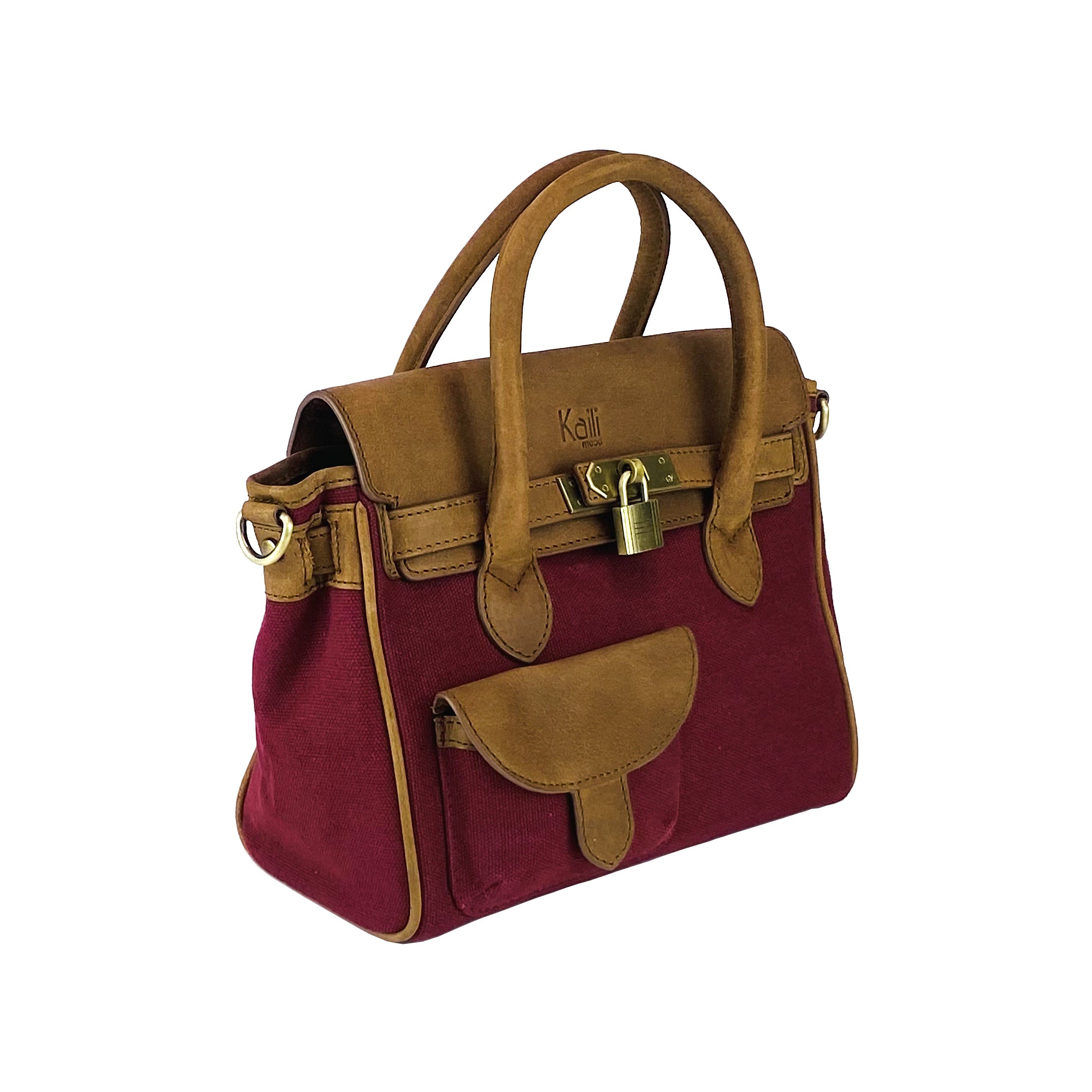 K0042XCB | Canvas/Vera Leather Mini Hand Bag Made in Italy. Removable shoulder strap. Antique Brass metal snap hook attachments - Bordeaux color - Dimensions: 24 x 20 x 12 cm.