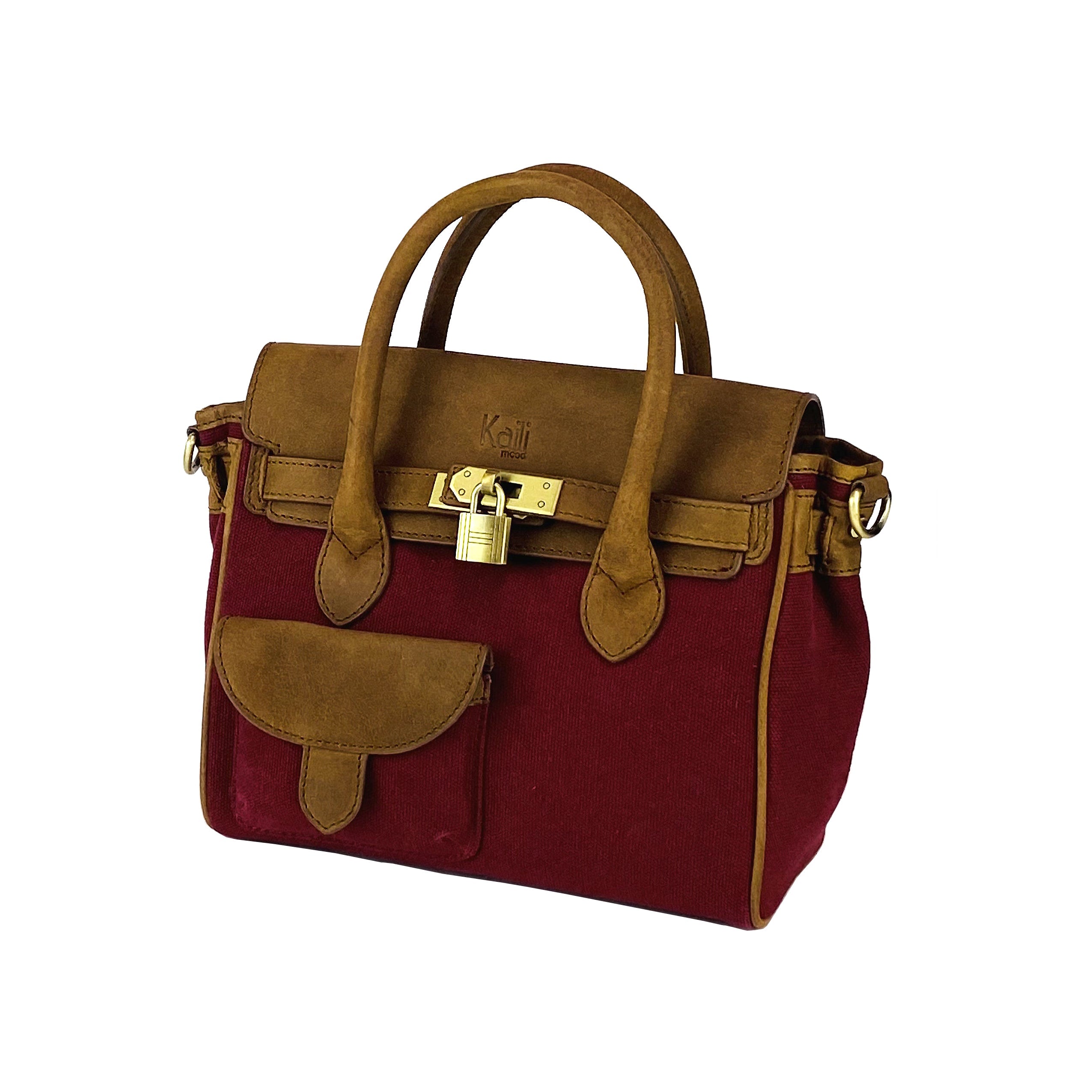 K0042XCB | Canvas/Vera Leather Mini Hand Bag Made in Italy. Removable shoulder strap. Antique Brass metal snap hook attachments - Bordeaux color - Dimensions: 24 x 20 x 12 cm.