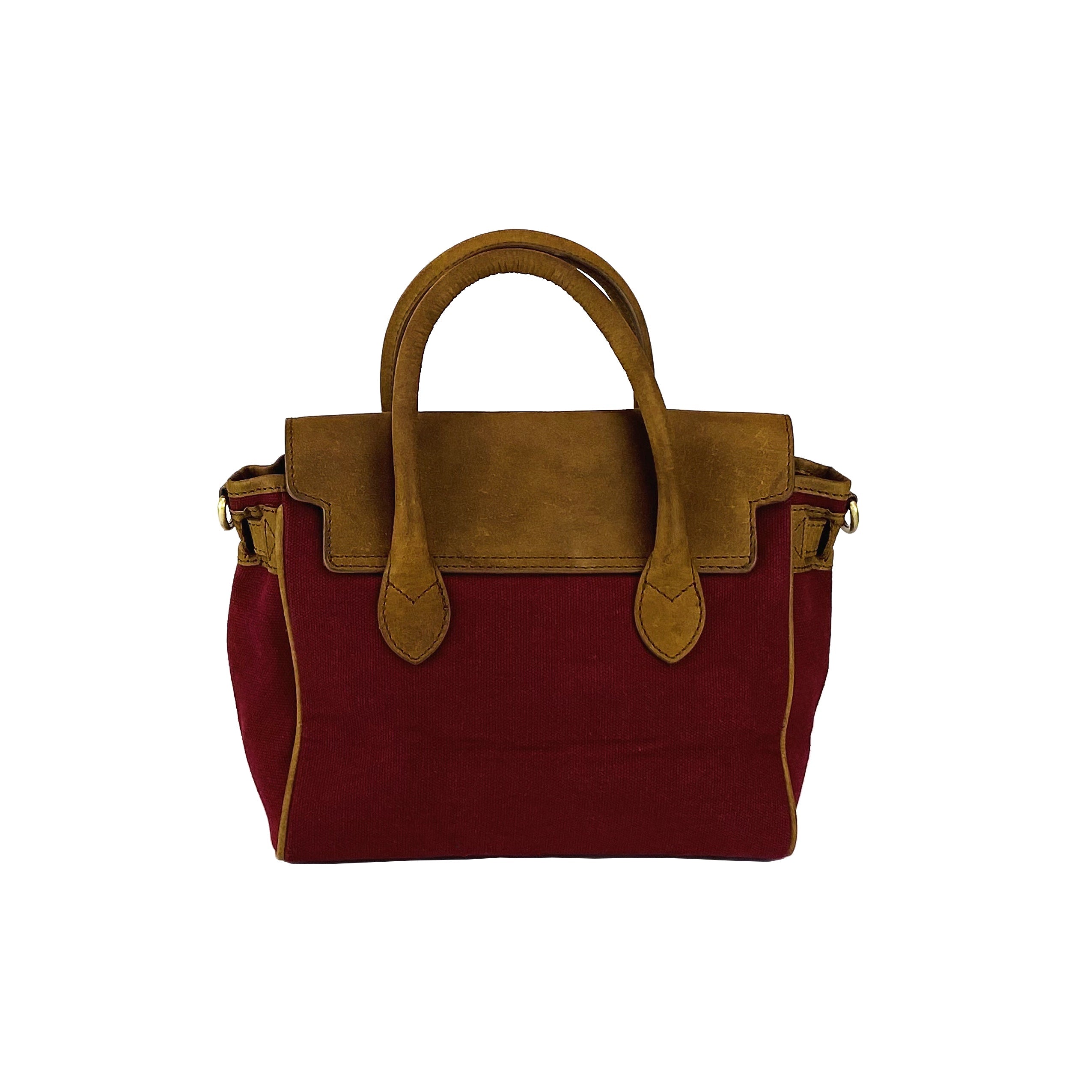K0042XCB | Canvas/Vera Leather Mini Hand Bag Made in Italy. Removable shoulder strap. Antique Brass metal snap hook attachments - Bordeaux color - Dimensions: 24 x 20 x 12 cm.