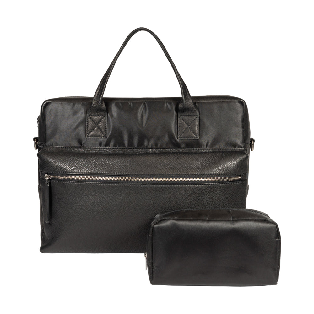 K0043AB | Briefcase in Waterproof Nylon/Full Grain Leather with Light Grain - Black Color - Inside Clutch Bag - Shiny Silver Accessories - Size 39 x 30 x 12 cm - Packaging: Tnt Bag