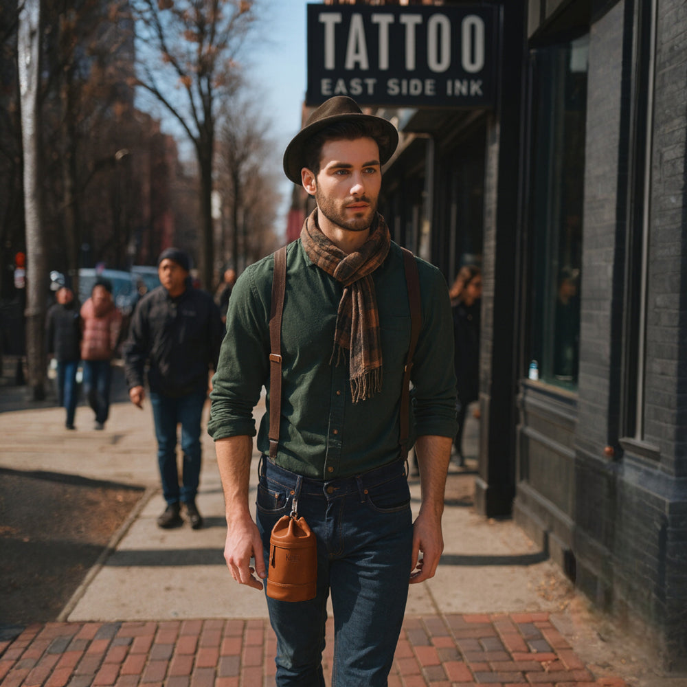 K0055SB | Hands-Free Drawstring Clutch in Genuine Full-Grain Oiled Leather. Cotton Lining. Cognac Color. Dimensions: 10 x 17 x 9.5 cm. Packaging: Non-Woven Fabric Bag