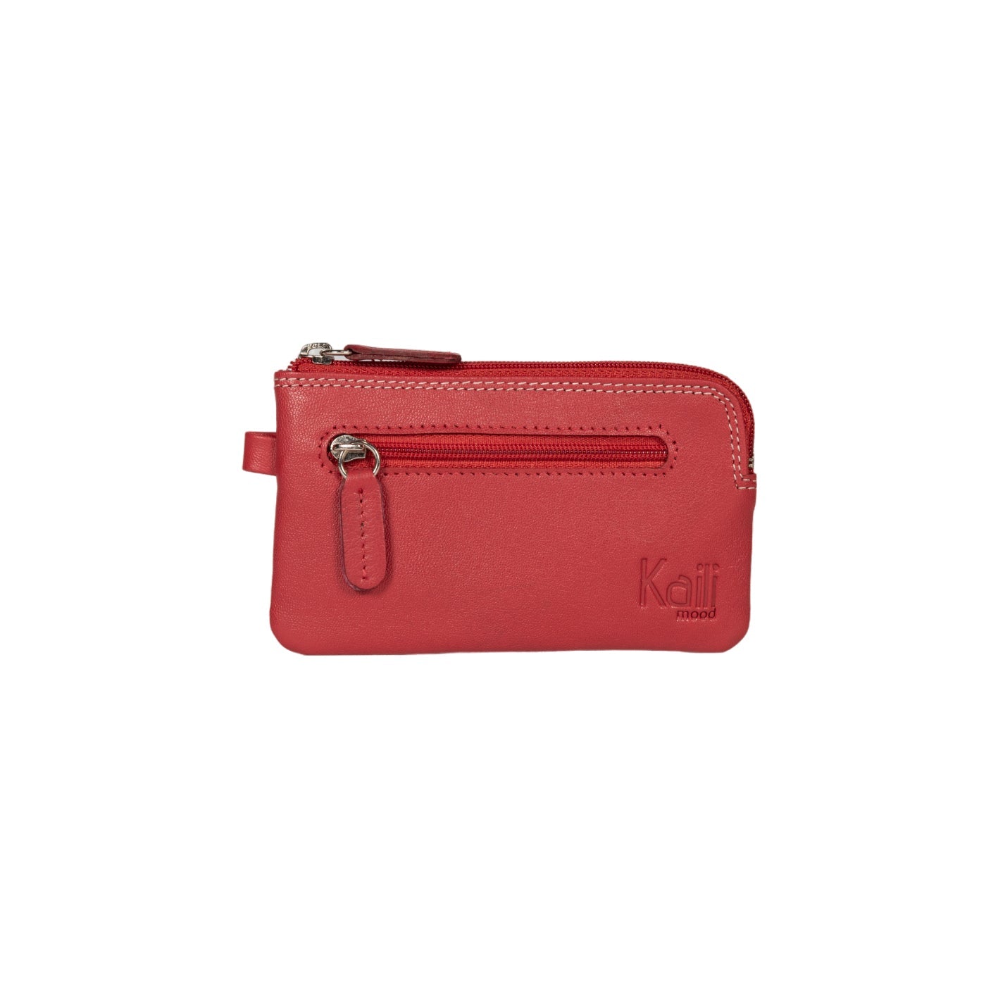 K10218VB | Genuine Leather Keychain/Money Holder Col.Red. Shiny nickel accessories zipper closure. Dimensions: 12 x 7 x 0.5 cm. Packaging: hard bottom/cover Gift Box