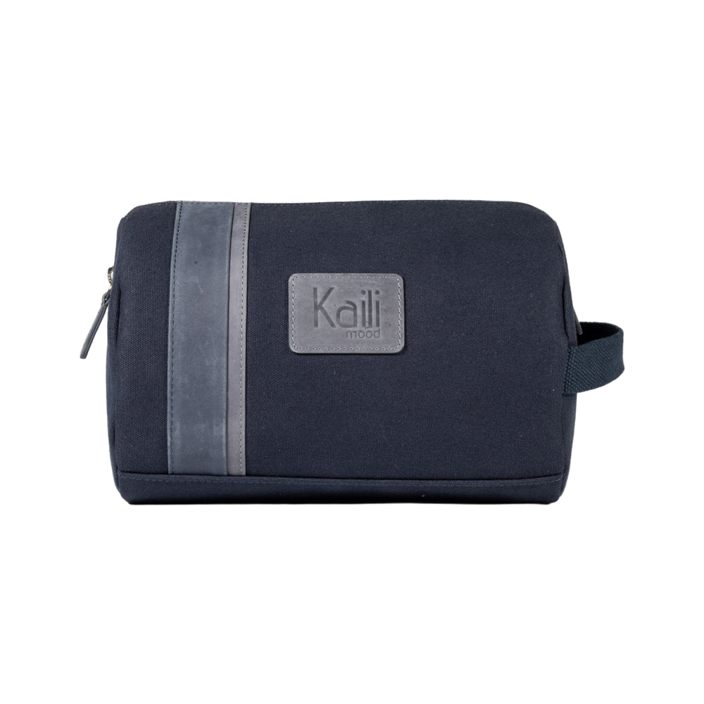K2005DF | Beauty Case in Canvas 100% Cotton/Full Grain Leather, Naked. Blue color. Side handle. Zipper closure. Dimensions: 25 x 15 x 17 cm. Packaging: Tnt bag