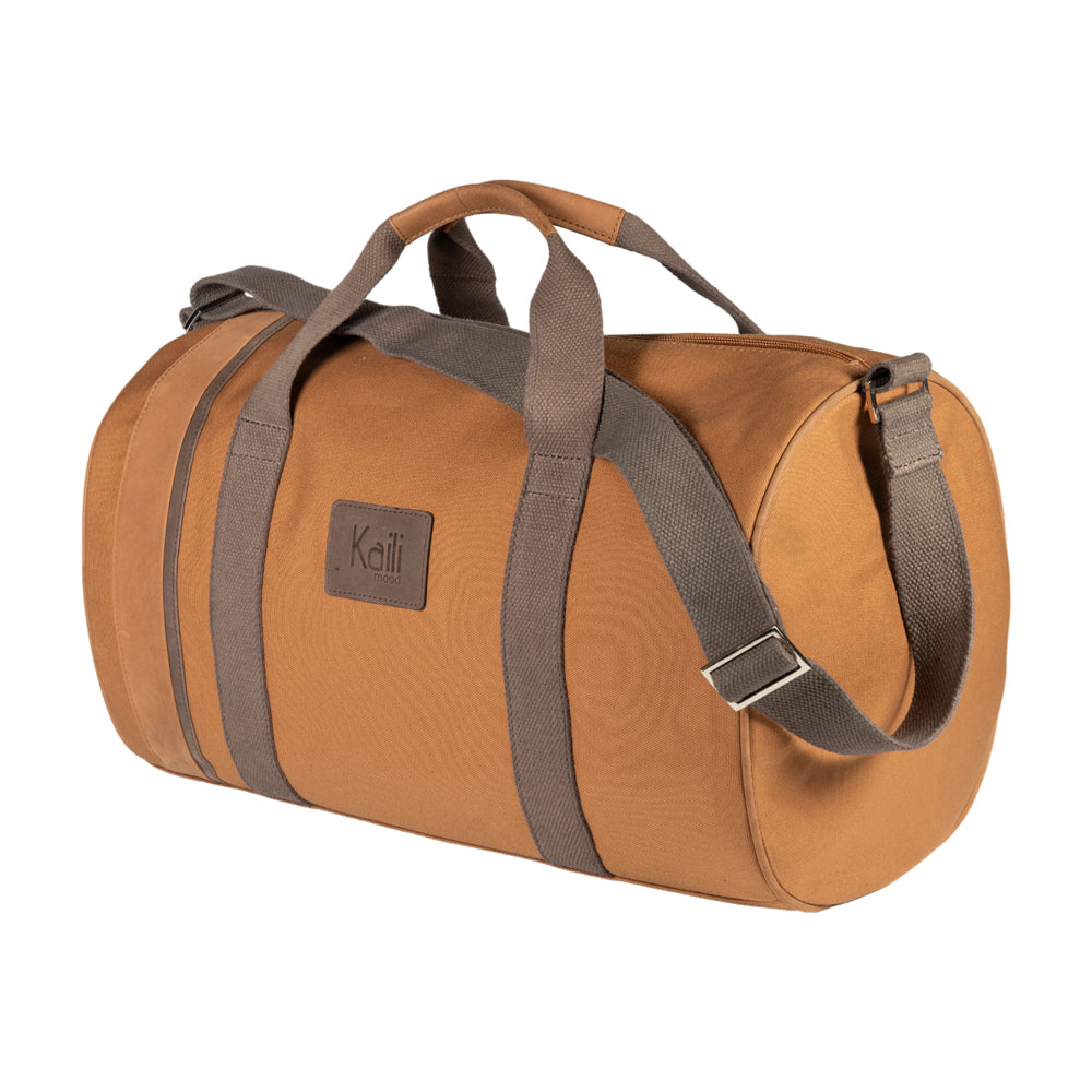 K2006UB | 100% Cotton Canvas Travel Duffle Bag /Wild Leather, full grain, Naked - Leather color, zipper closure. Size: 45 x 25 x 28 cm - Package: Tnt bag
