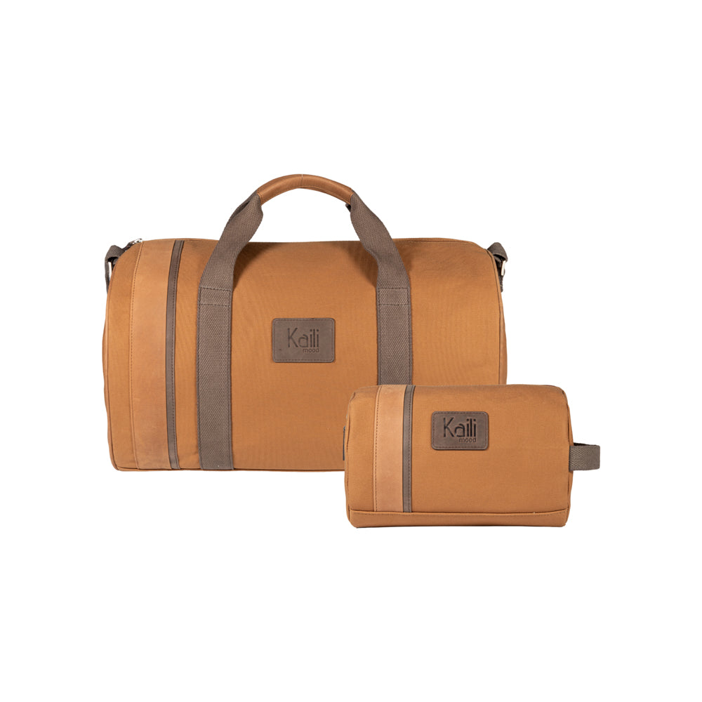K2006UB | 100% Cotton Canvas Travel Duffle Bag /Wild Leather, full grain, Naked - Leather color, zipper closure. Size: 45 x 25 x 28 cm - Package: Tnt bag