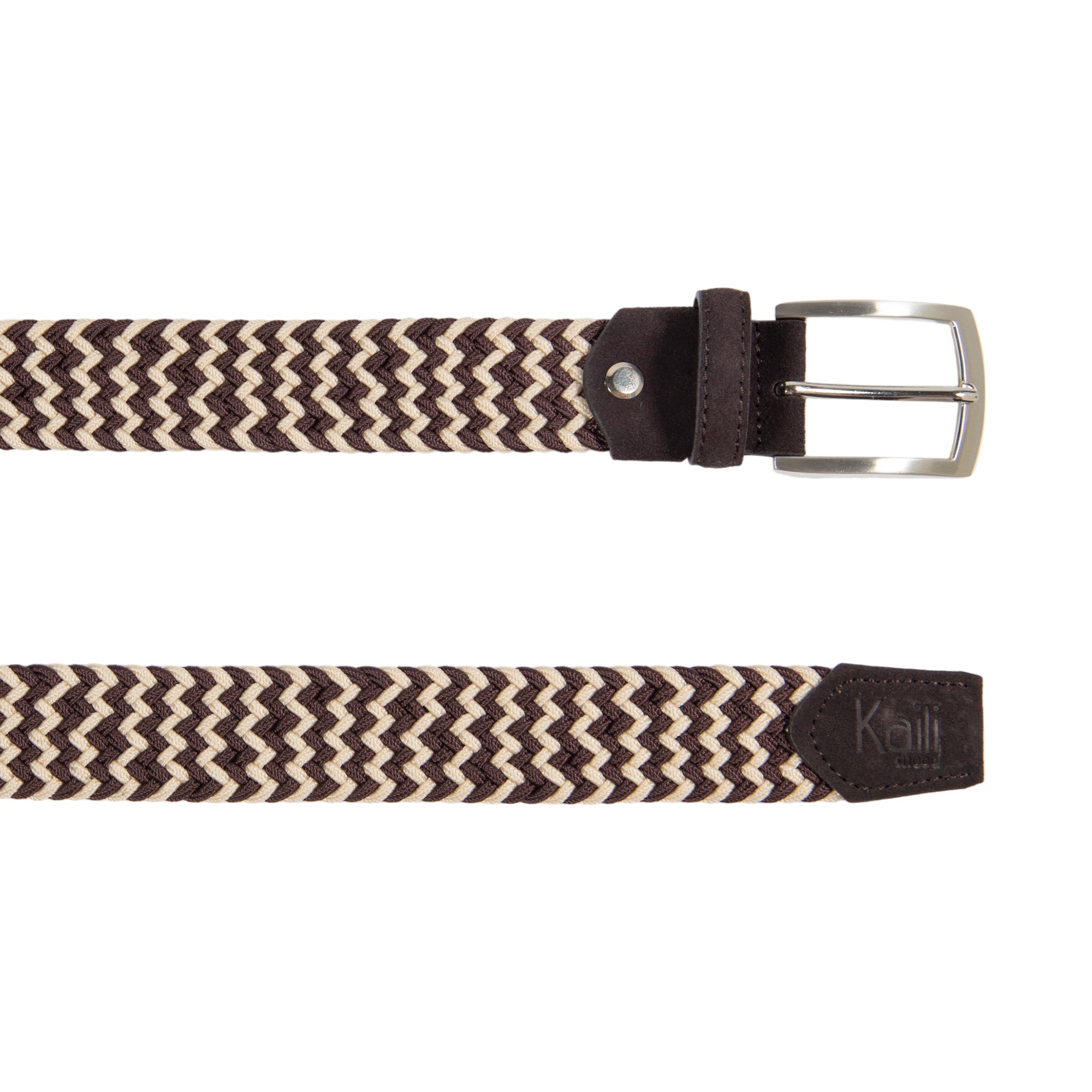 K4004HB | Elastic/Leather Braided Belt. Dark Brown/Rope color. Satin Nickel Buckle. Dimensions: 120x3.5x0.5 cm (waist 105 cm). Packaging: hard bottom/cover Gift Box