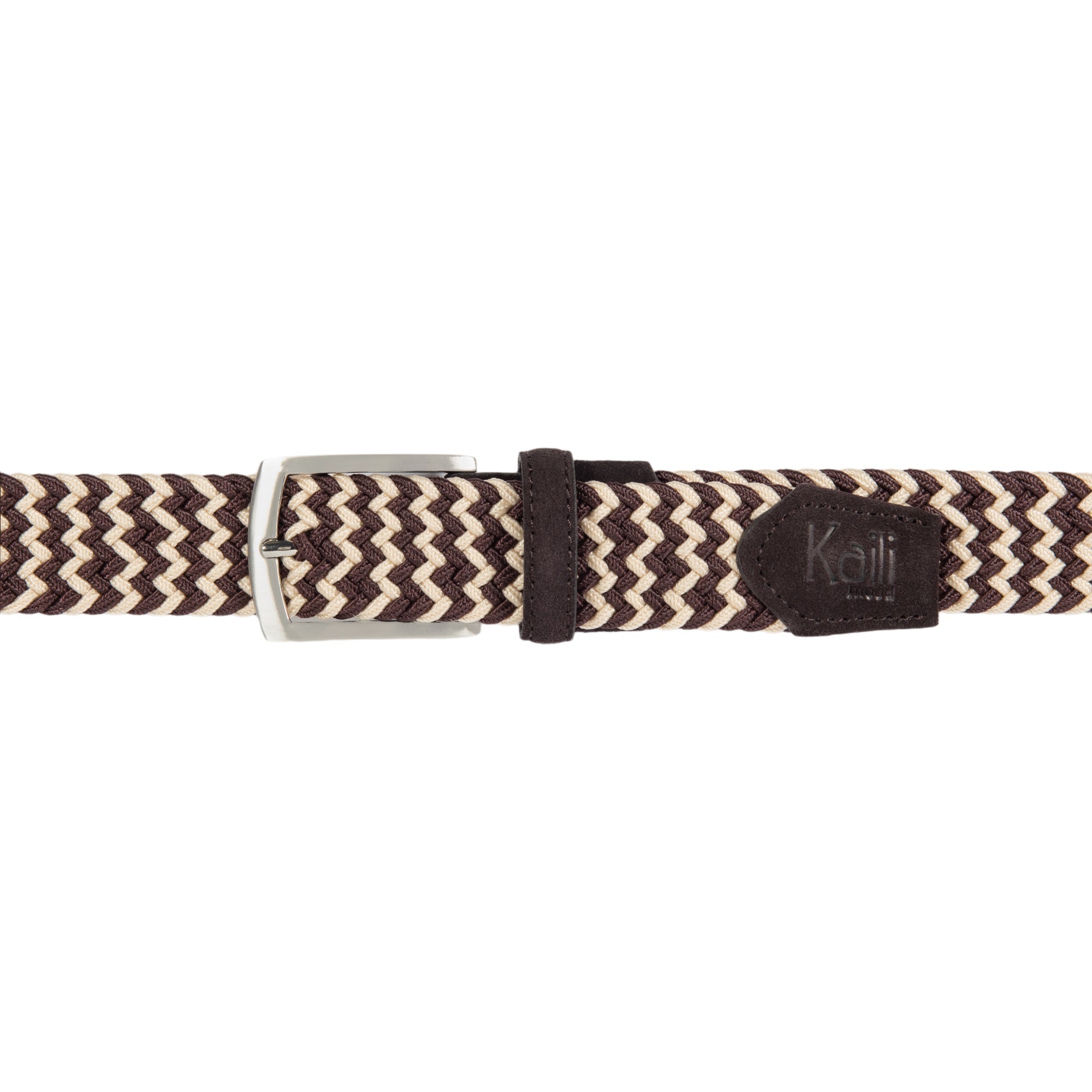 K4004HB | Elastic/Leather Braided Belt. Dark Brown/Rope color. Satin Nickel Buckle. Dimensions: 120x3.5x0.5 cm (waist 105 cm). Packaging: hard bottom/cover Gift Box