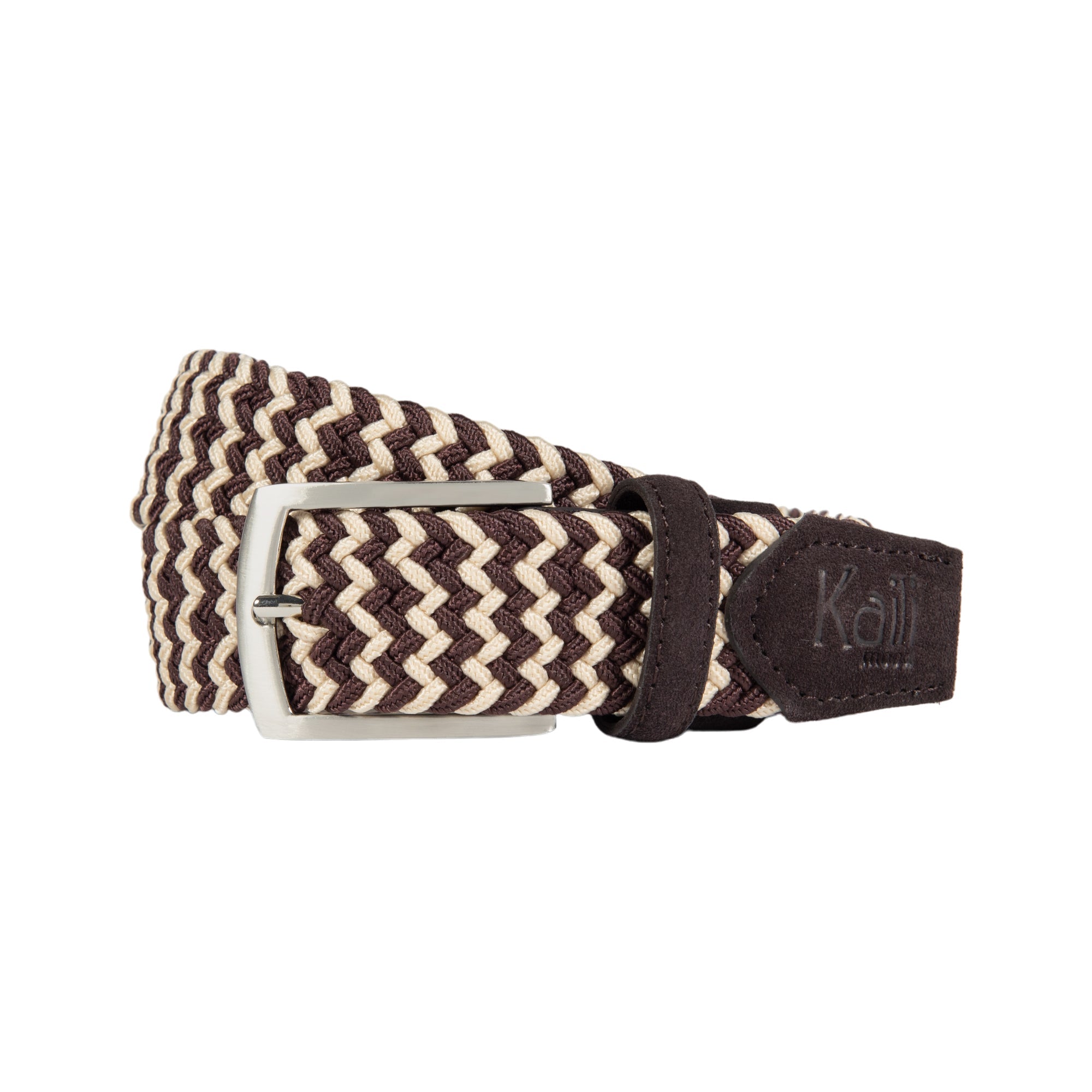 K4004HB | Elastic/Leather Braided Belt. Dark Brown/Rope color. Satin Nickel Buckle. Dimensions: 120x3.5x0.5 cm (waist 105 cm). Packaging: hard bottom/cover Gift Box