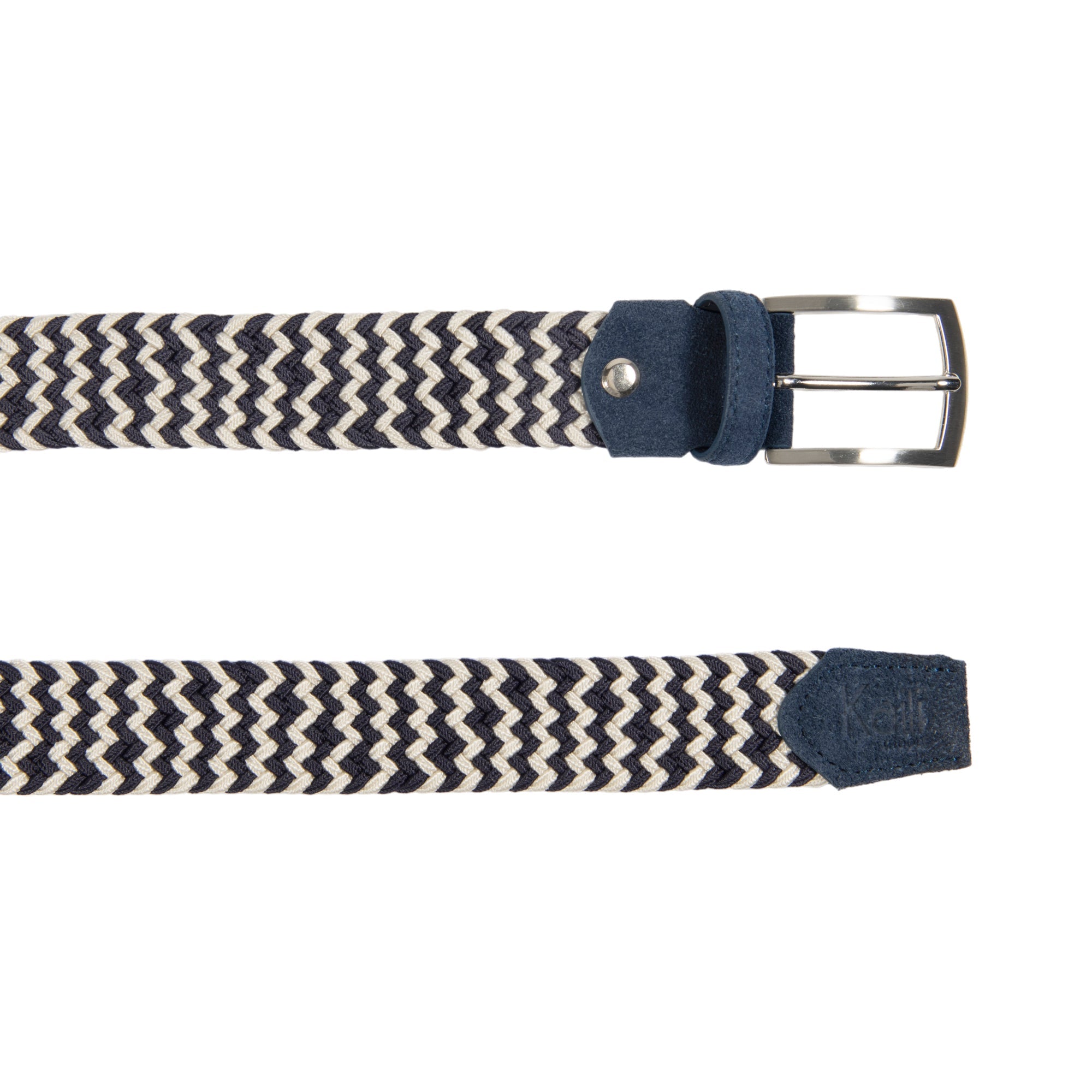 K4004JB | Braided Elastic/Leather Belt. Blue/Ecrù color. Satin Nickel Buckle. Size: 120x3.5x0.5 cm (waist 105 cm). Packaging: hard bottom/cover Gift Box