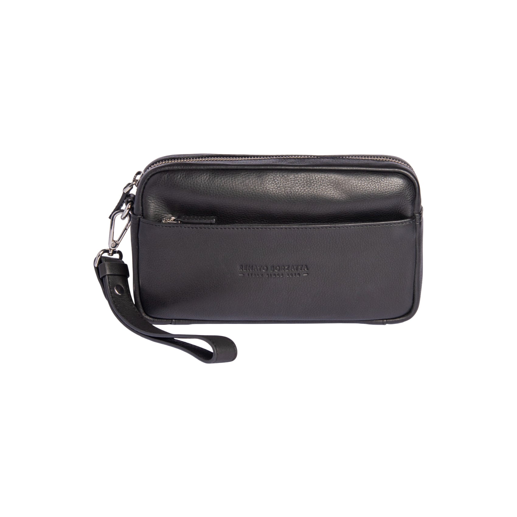RB0046A | KEVIN Men's Clutch Bag with Wrist Strap in Genuine Full-Grain Leather with a Light Grain. Removable Handle. Black. Dimensions: 22 x 13 x 5 cm.