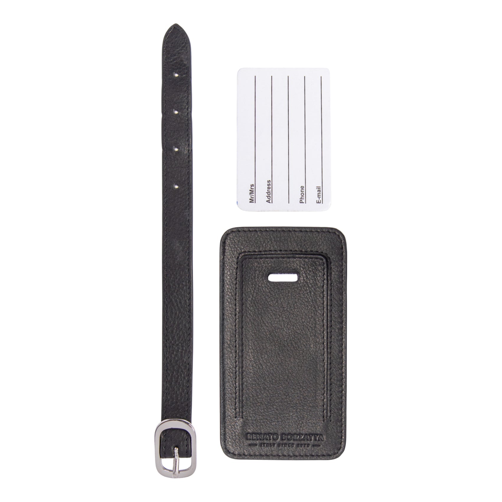 RB0054A | Luggage tag in full-grain genuine leather with a light grain. Color: Black. Adjustable strap. Dimensions: 6.5 x 12 x 0.5 cm