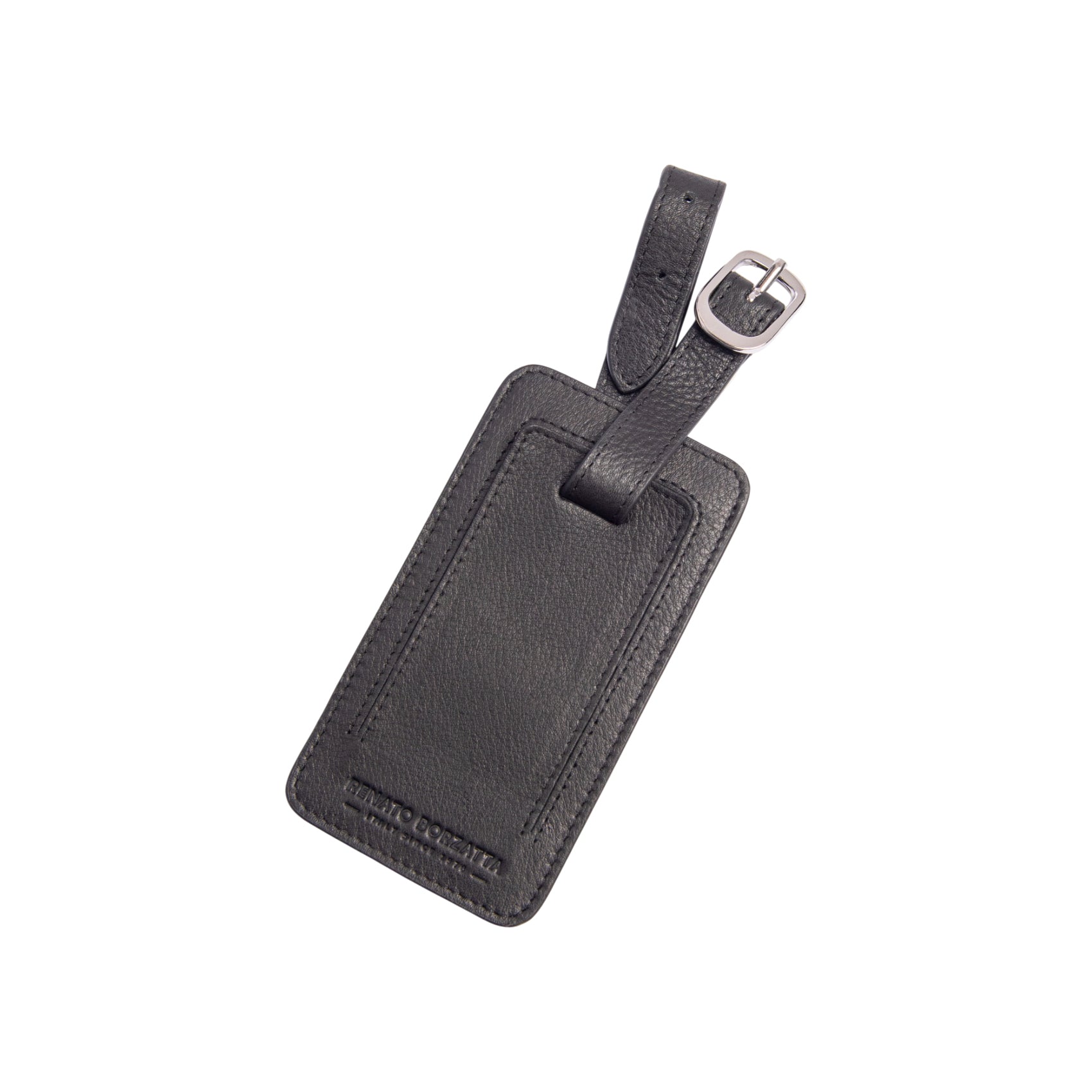 RB0054A | Luggage tag in full-grain genuine leather with a light grain. Color: Black. Adjustable strap. Dimensions: 6.5 x 12 x 0.5 cm