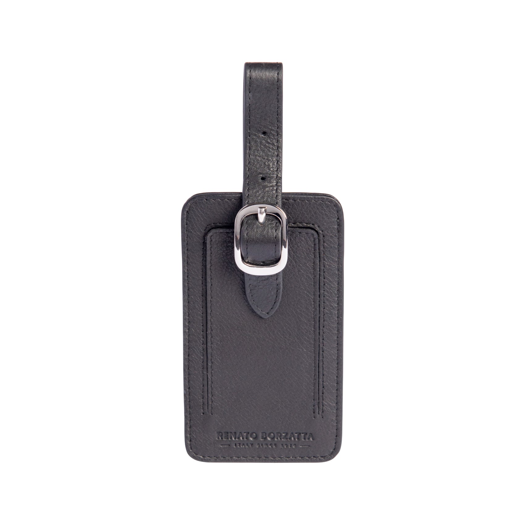 RB0054A | Luggage tag in full-grain genuine leather with a light grain. Color: Black. Adjustable strap. Dimensions: 6.5 x 12 x 0.5 cm