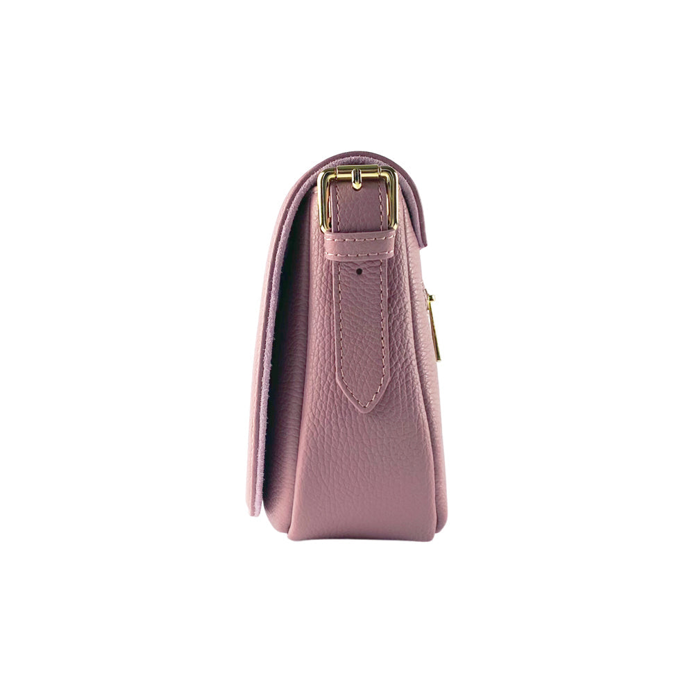 RB1002AZ | Made in Italy Genuine Leather Shoulder Bag with Removable Leather Shoulder Strap and Shiny Gold Metal Buckle Attachments - Antique Pink Color - Size: 26 x 20 x 10 cm.