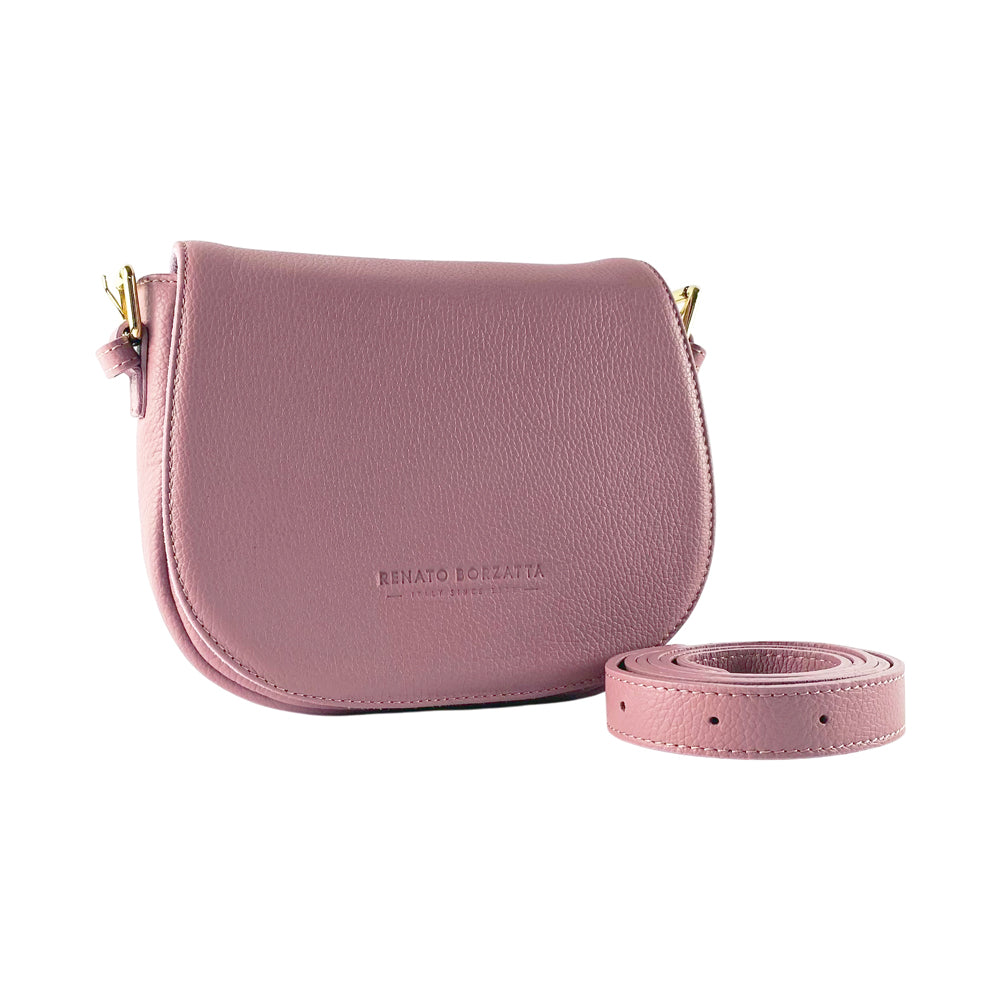 RB1002AZ | Made in Italy Genuine Leather Shoulder Bag with Removable Leather Shoulder Strap and Shiny Gold Metal Buckle Attachments - Antique Pink Color - Size: 26 x 20 x 10 cm.