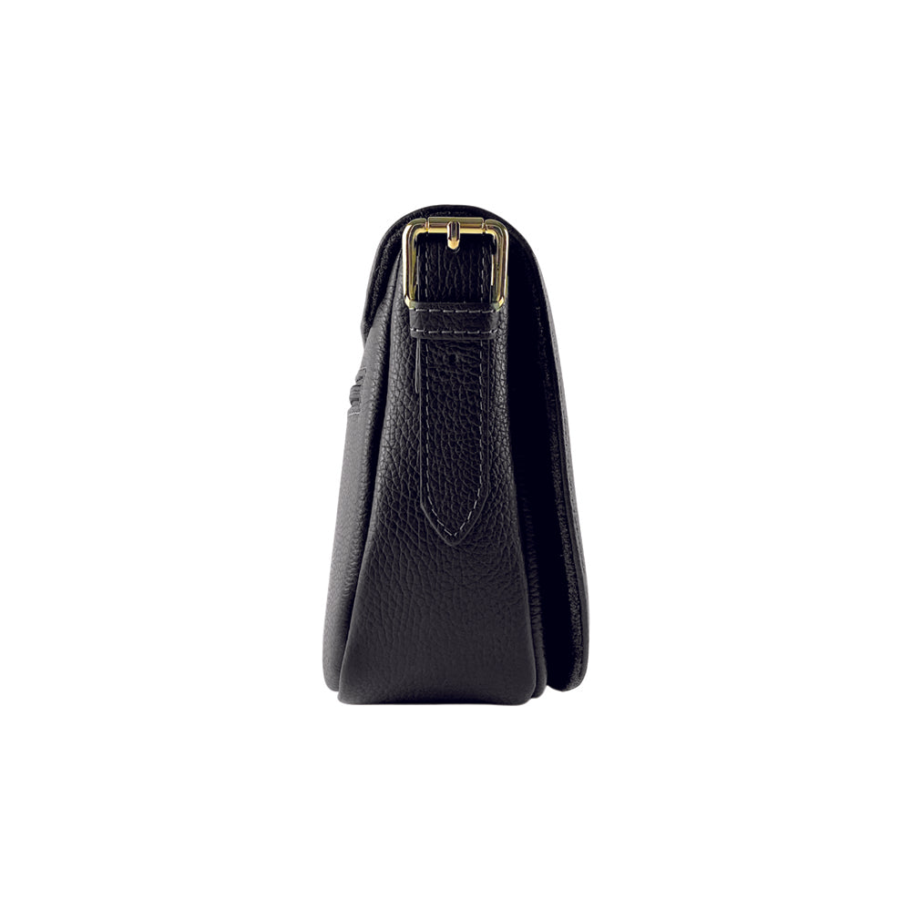 RB1002A | Made in Italy Genuine Leather Shoulder Bag with Removable Leather Shoulder Strap and Shiny Gold Metal Buckle Attachments - Black Color - Size: 26 x 20 x 10 cm.