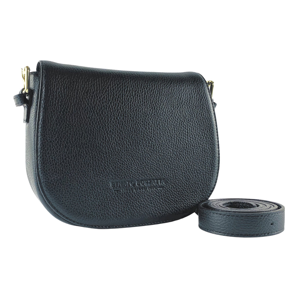 RB1002A | Made in Italy Genuine Leather Shoulder Bag with Removable Leather Shoulder Strap and Shiny Gold Metal Buckle Attachments - Black Color - Size: 26 x 20 x 10 cm.