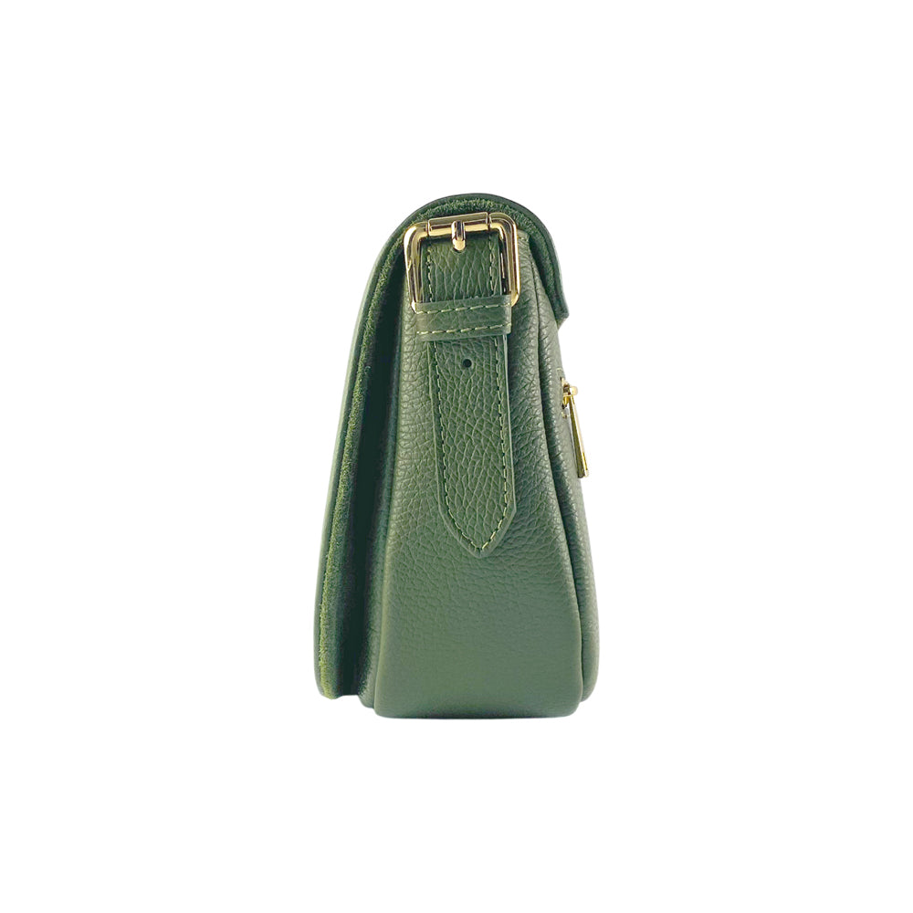 RB1002E | Made in Italy Genuine Leather Shoulder Bag with Removable Leather Shoulder Strap and Shiny Gold Metal Buckle Attachments - Green Color - Size: 26 x 20 x 10 cm.