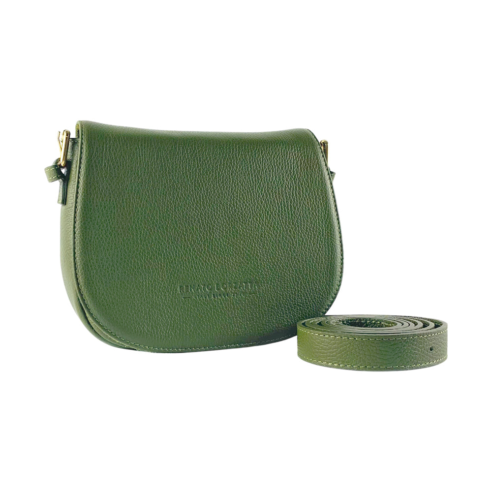 RB1002E | Made in Italy Genuine Leather Shoulder Bag with Removable Leather Shoulder Strap and Shiny Gold Metal Buckle Attachments - Green Color - Size: 26 x 20 x 10 cm.