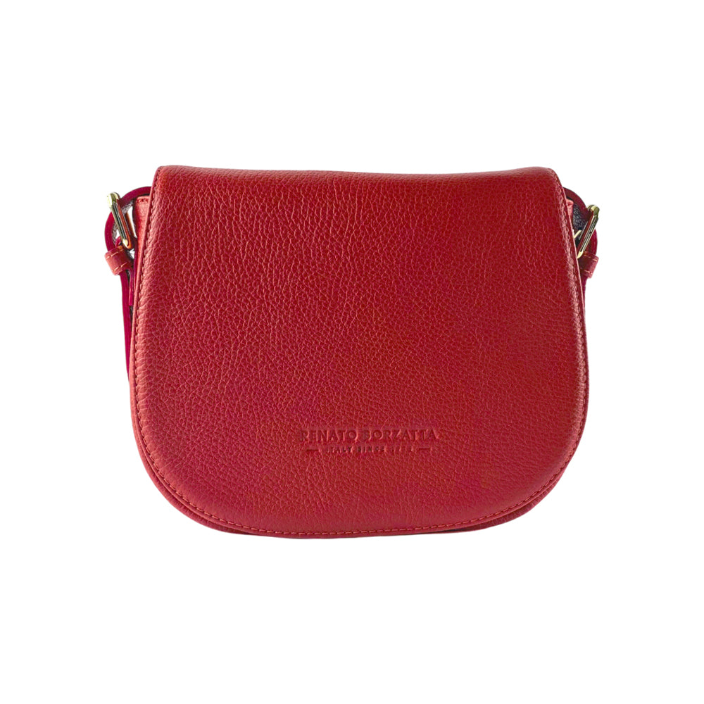 RB1002V | Made in Italy Genuine Leather Shoulder Bag with Removable Leather Shoulder Strap and Shiny Gold Metal Buckle Attachments - Red Color - Size: 26 x 20 x 10 cm.
